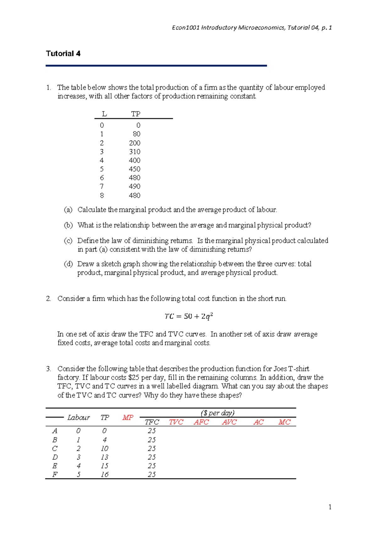 Econ1001 Microeconomics Tutorial 04: Production & Cost Analysis - Studocu