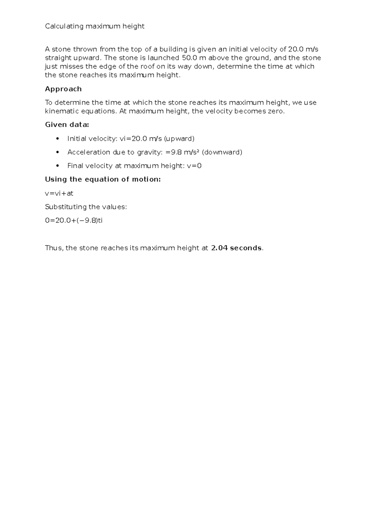 Max height calculation - Calculating maximum height A stone thrown from ...