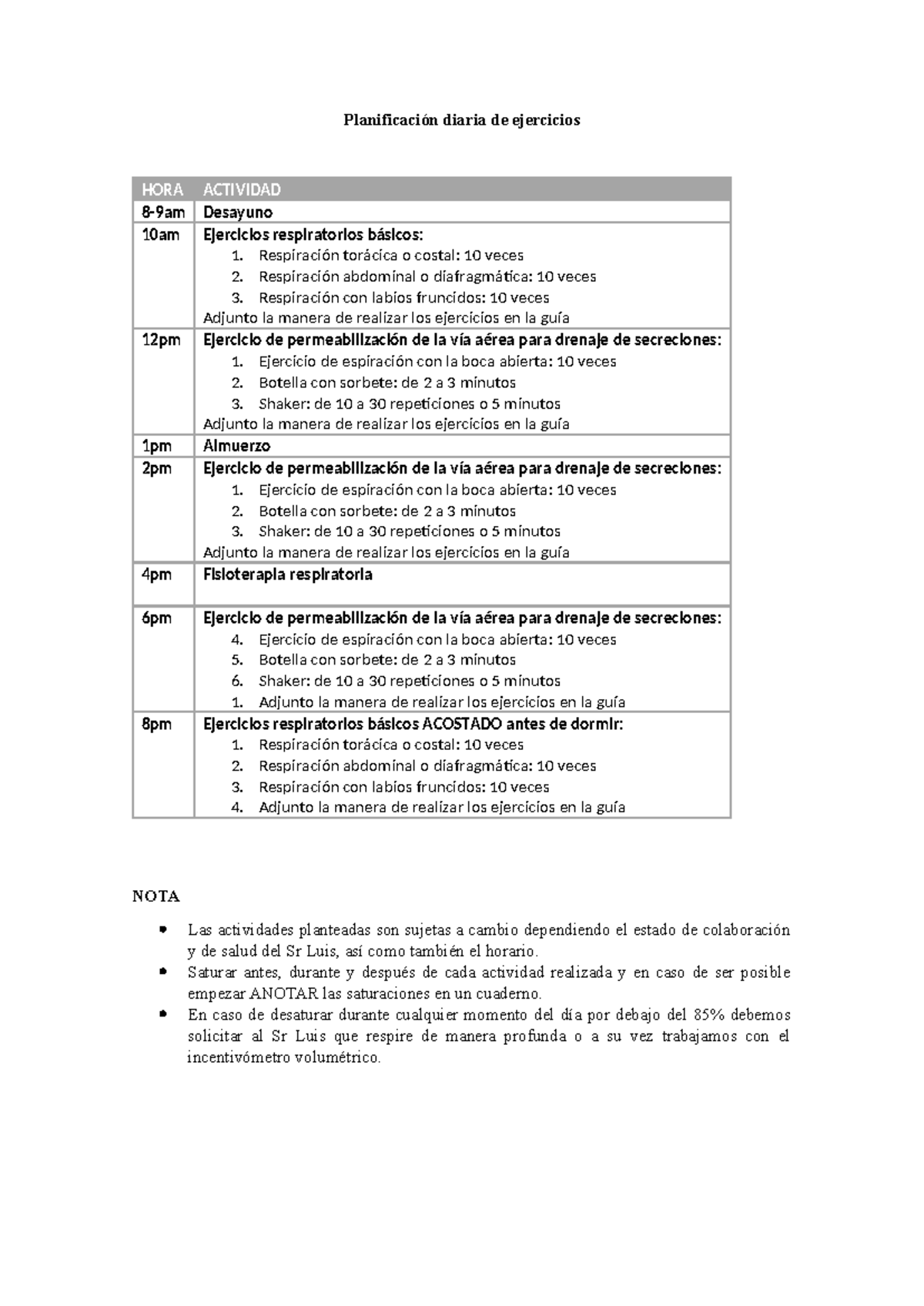 Planificación Diaria de Ejercicios para el Paciente Luis E. - Studocu