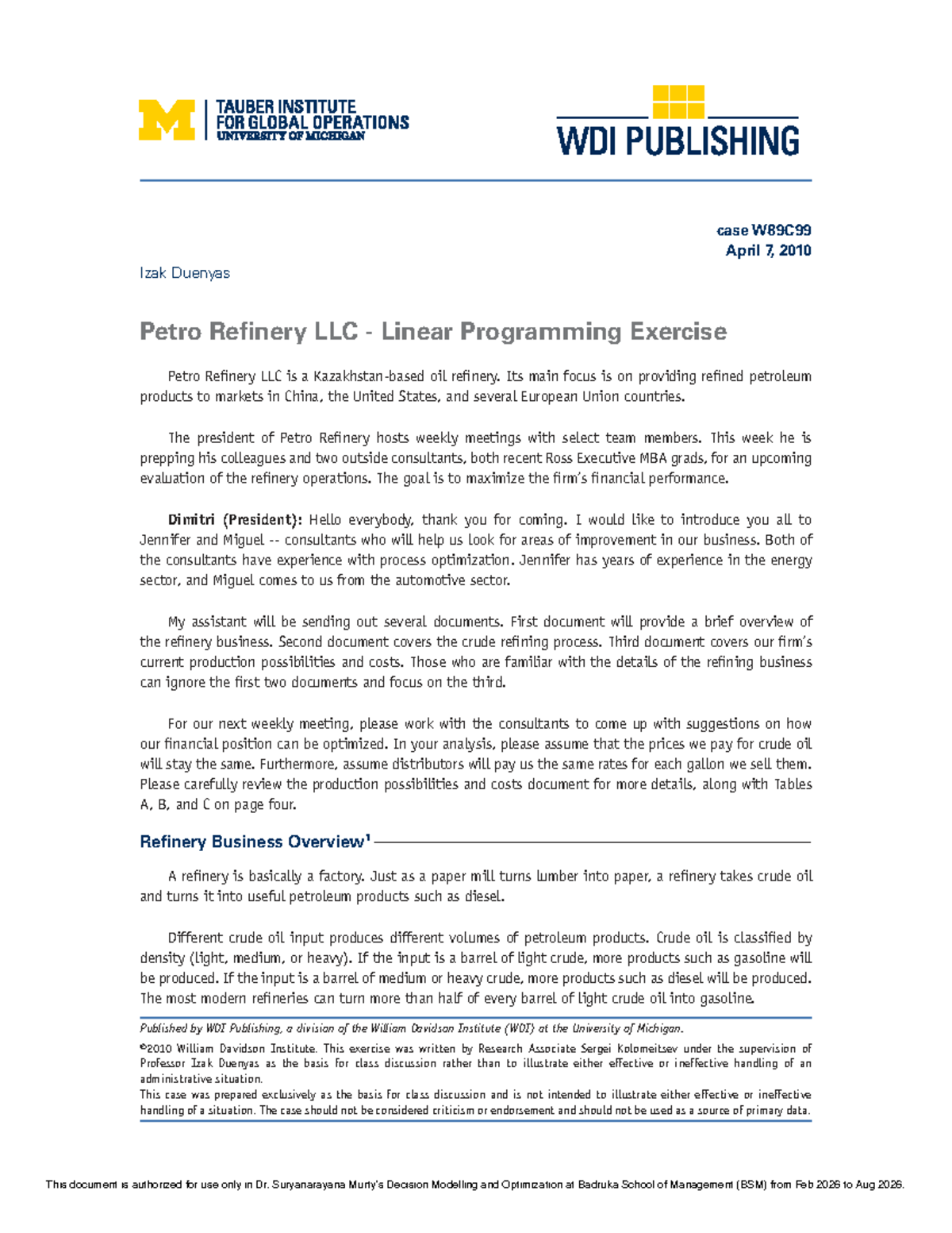 Petro Refinery LLC Linear Programming Exercise W89C99 Analysis and ...