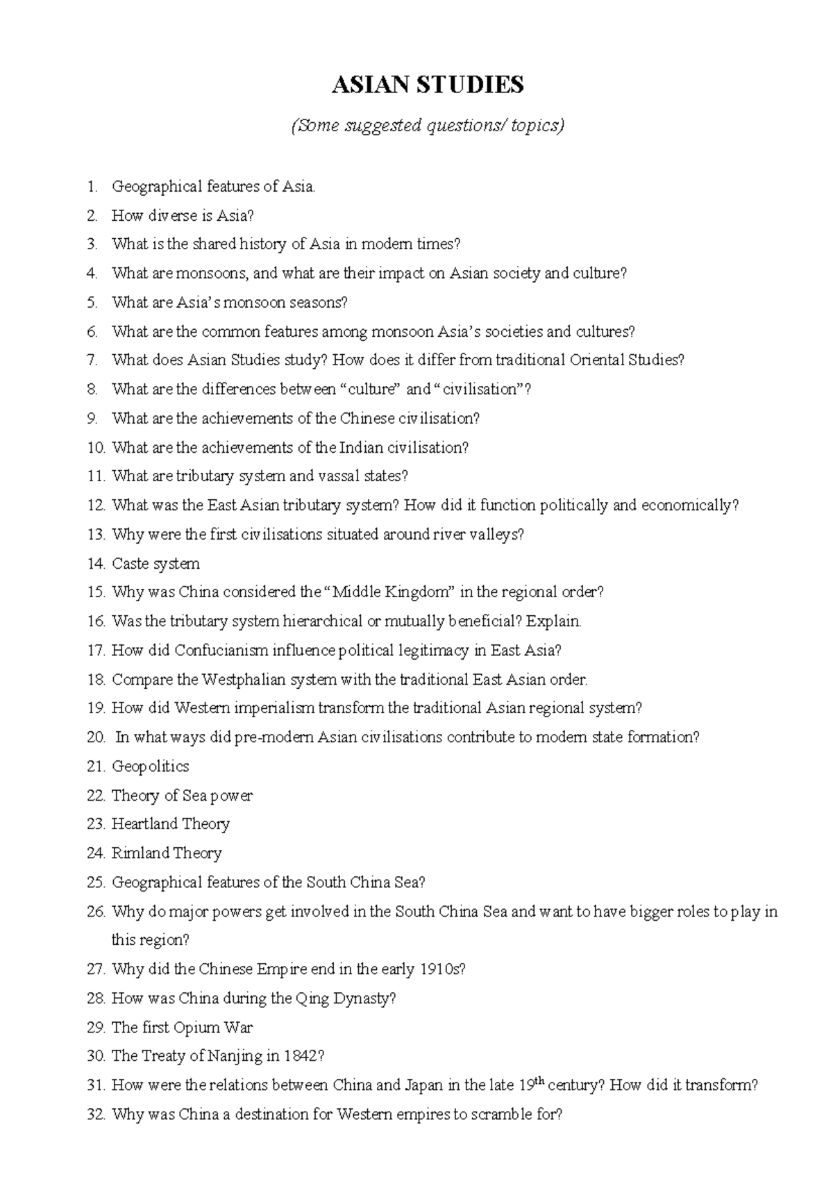 ASIAN STUDIES: Suggested Topics & Questions for Exploration - Studocu