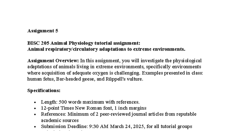 Assignment 5 BISC 205: Animal Adaptations in Extreme Environments - Studocu