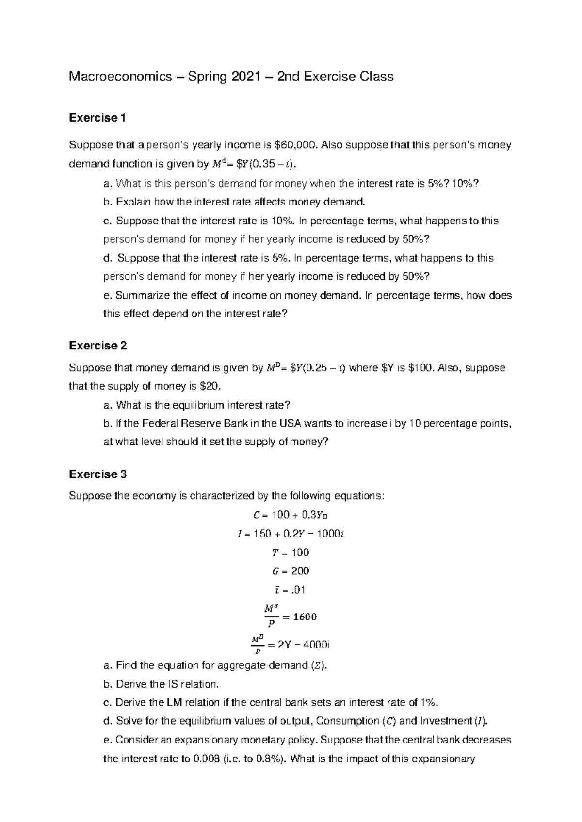 Second Set Exercises 2021-1 - Macroeconomics – Spring 202 1 – 2nd ...