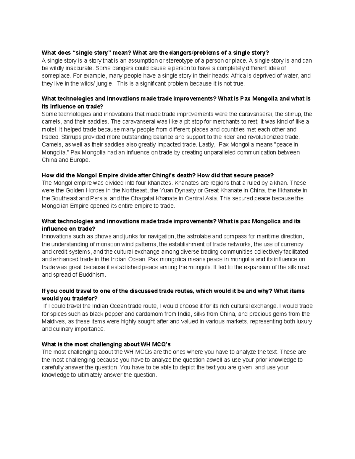 HIST 202 Quickwrites: Exploring Single Stories & Trade Innovations ...