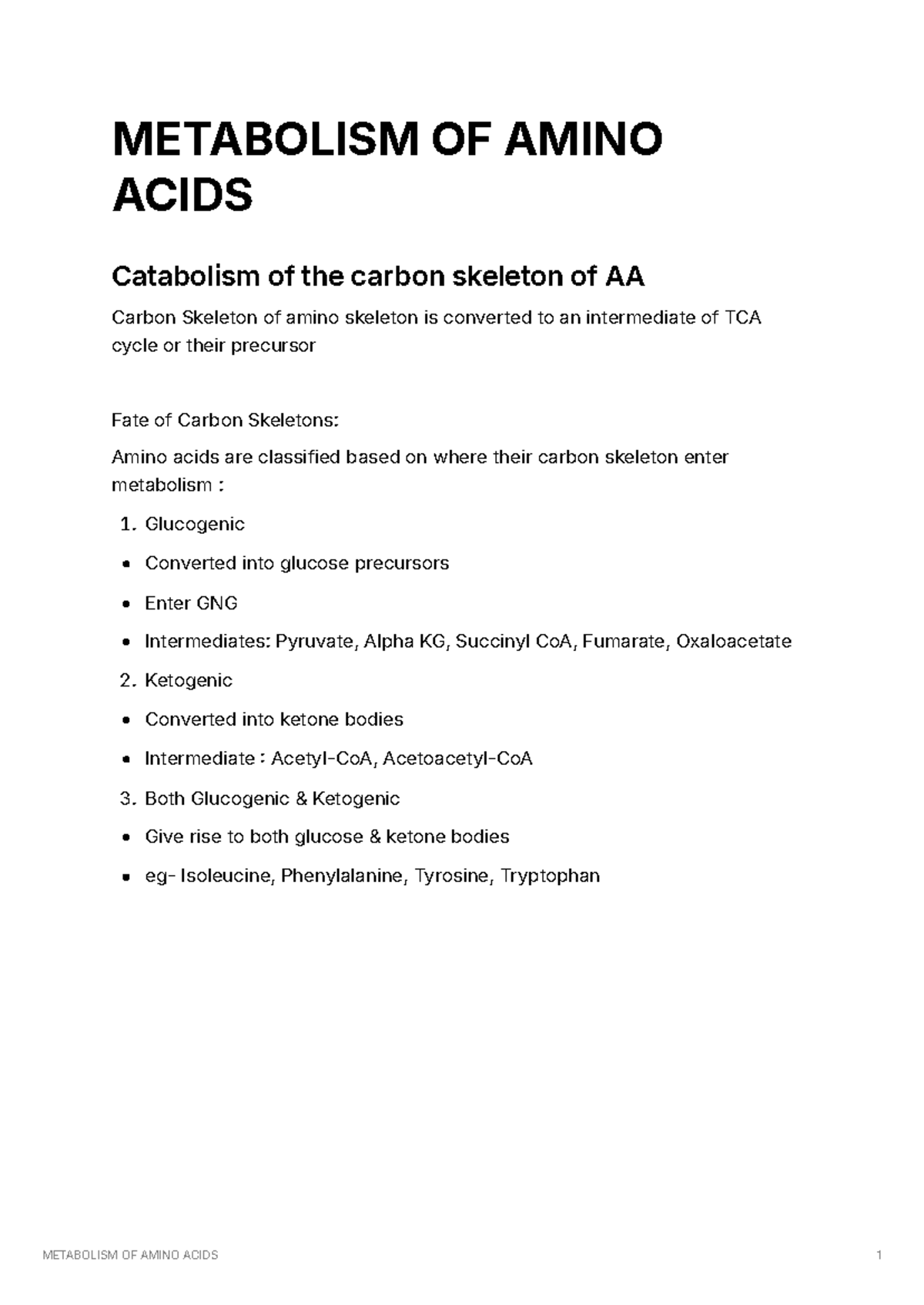 METABOLISM OF AMINO ACIDS (BIO 101) - Catabolism & Pathways - Studocu