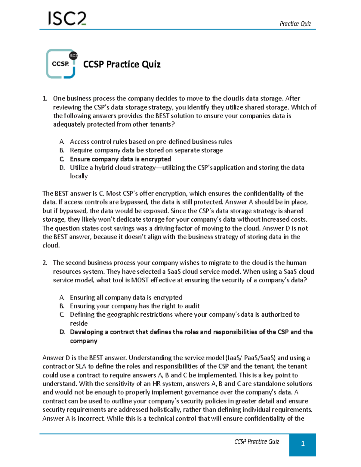 CCSP 10Questions Answers Rationale 07-25-23 - CCSP Practice Quiz One ...