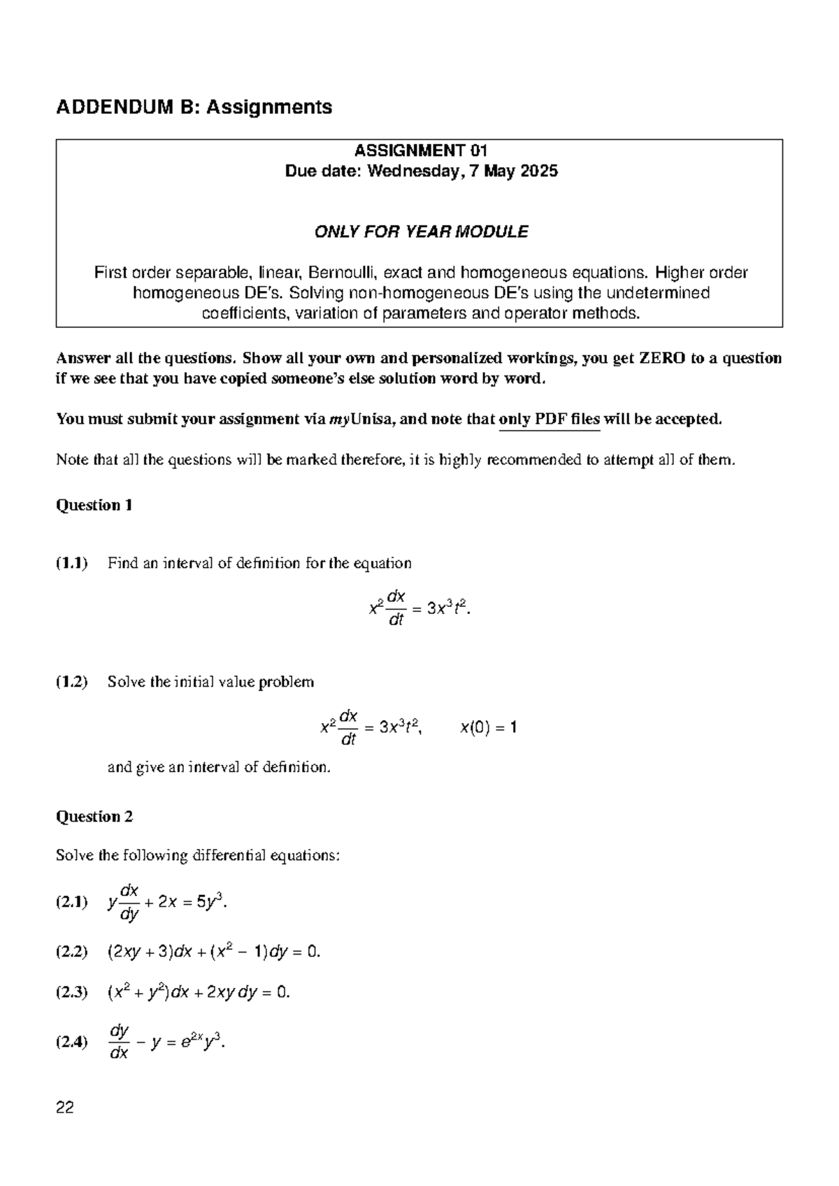 Assignment 1 - APM2611: Differential Equations & Solutions Guide - Studocu