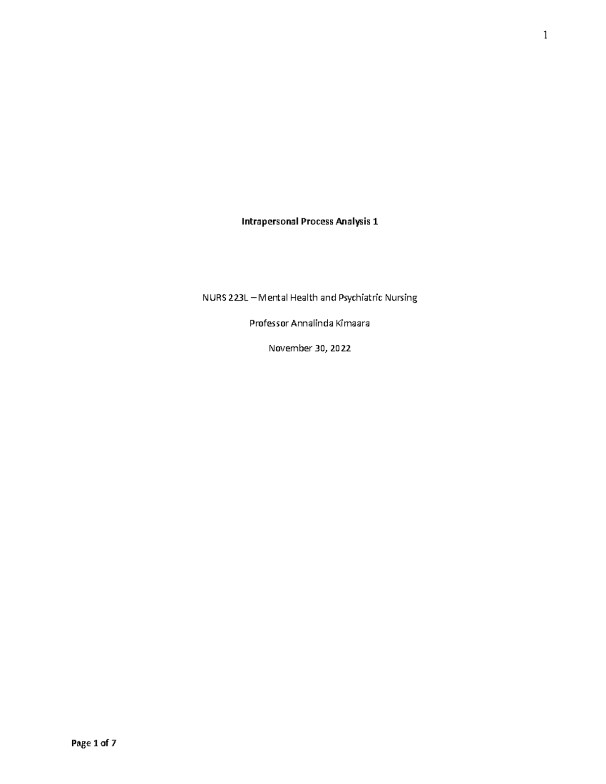 NURS 223L - Intrapersonal & Interpersonal Process Analysis Notes - Studocu
