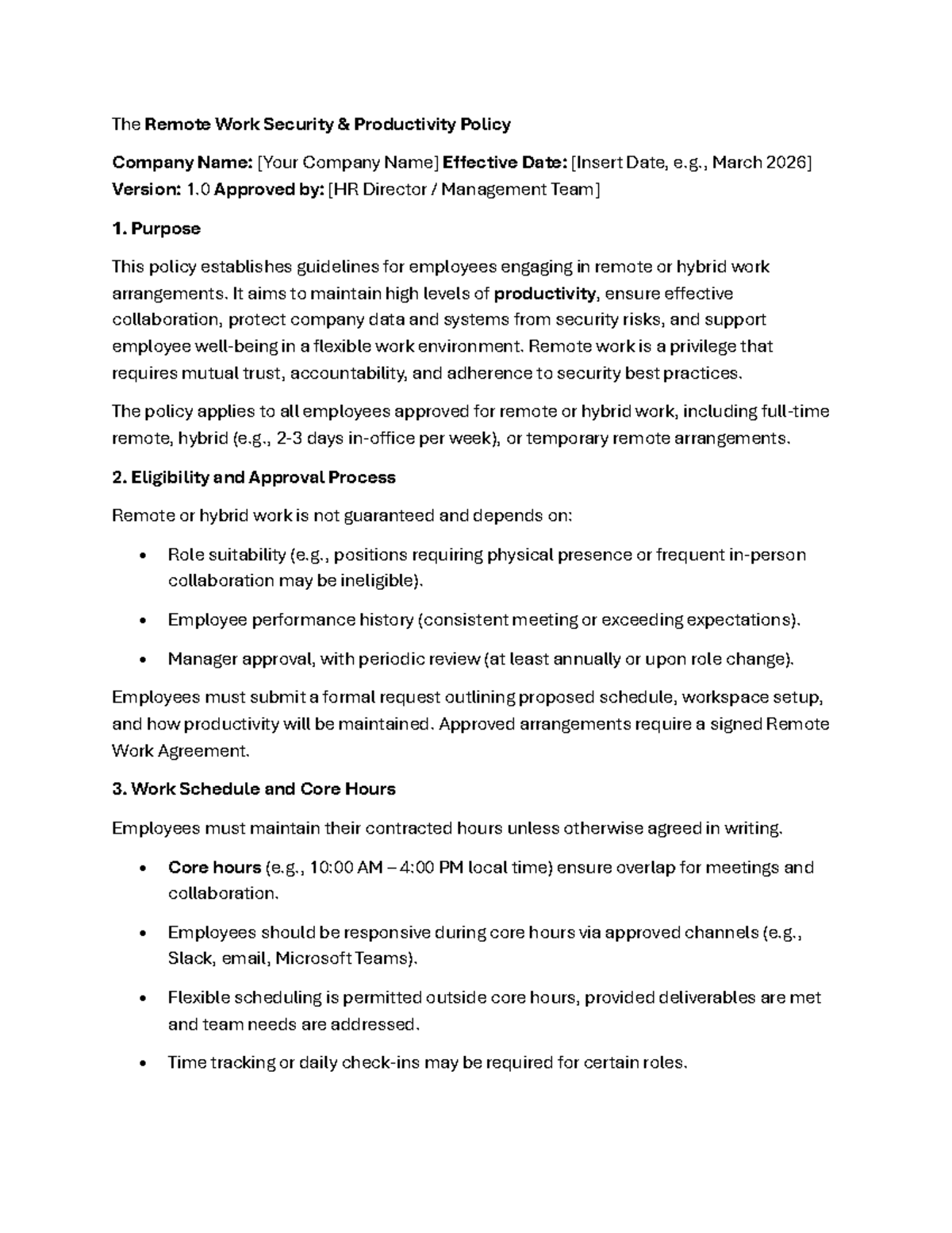 Remote Work Security & Productivity Policy (Version 1.0) - Studocu
