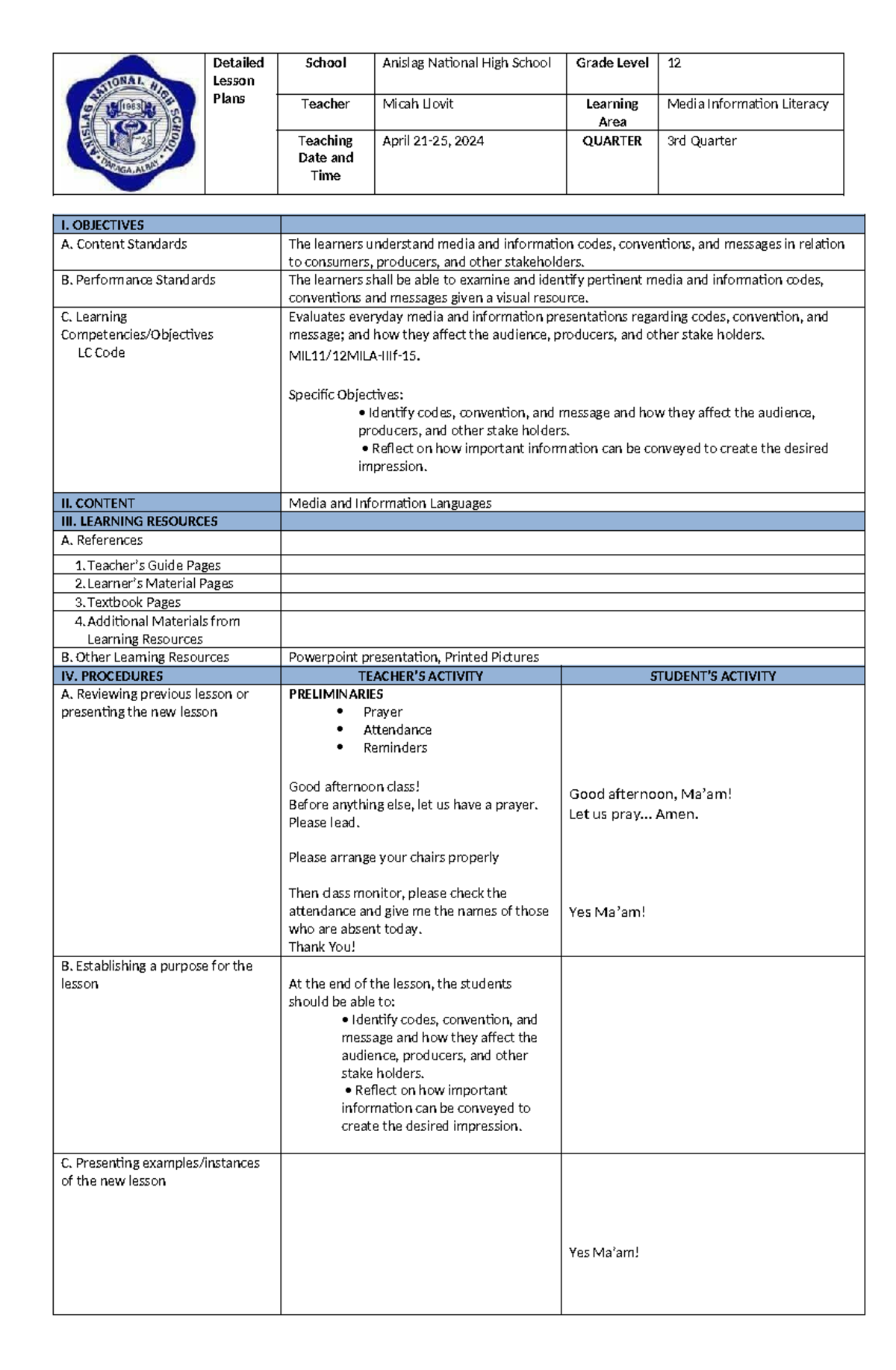 Detailed Lesson Plans for Media and Information Literacy (MIL11/12MILA ...