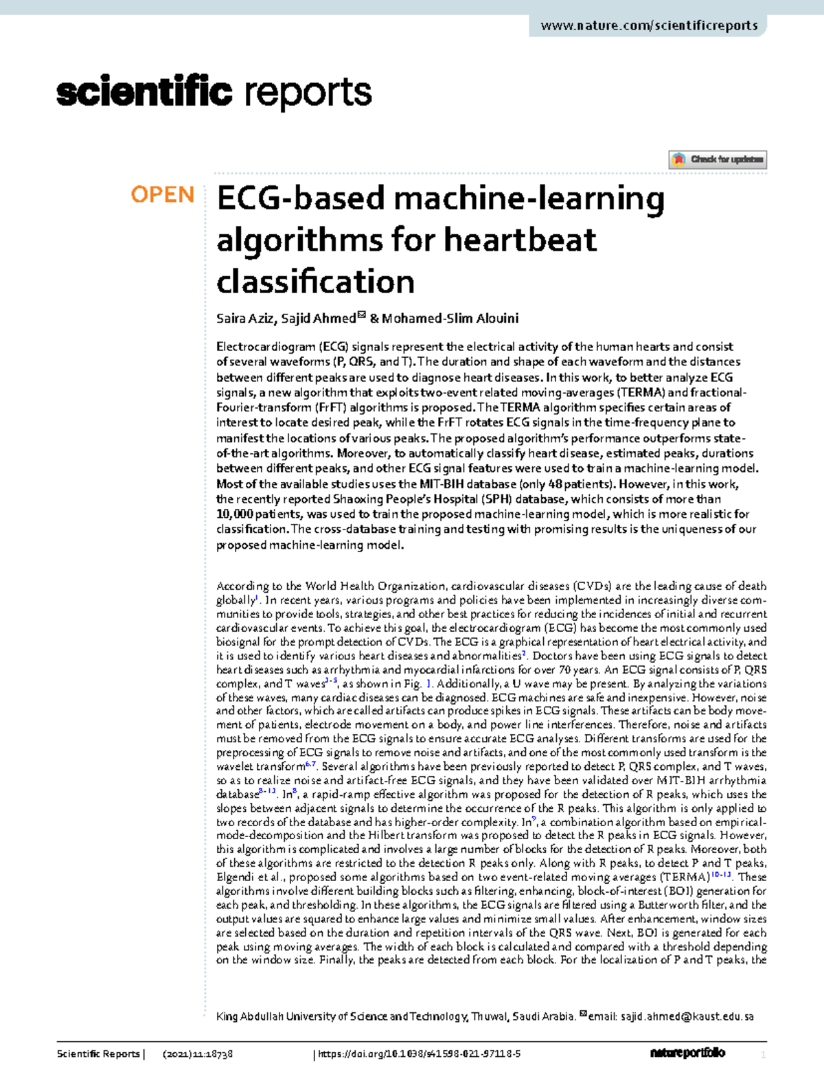 ECG-Based Machine Learning Algorithms for Heartbeat Classification (CVD ...