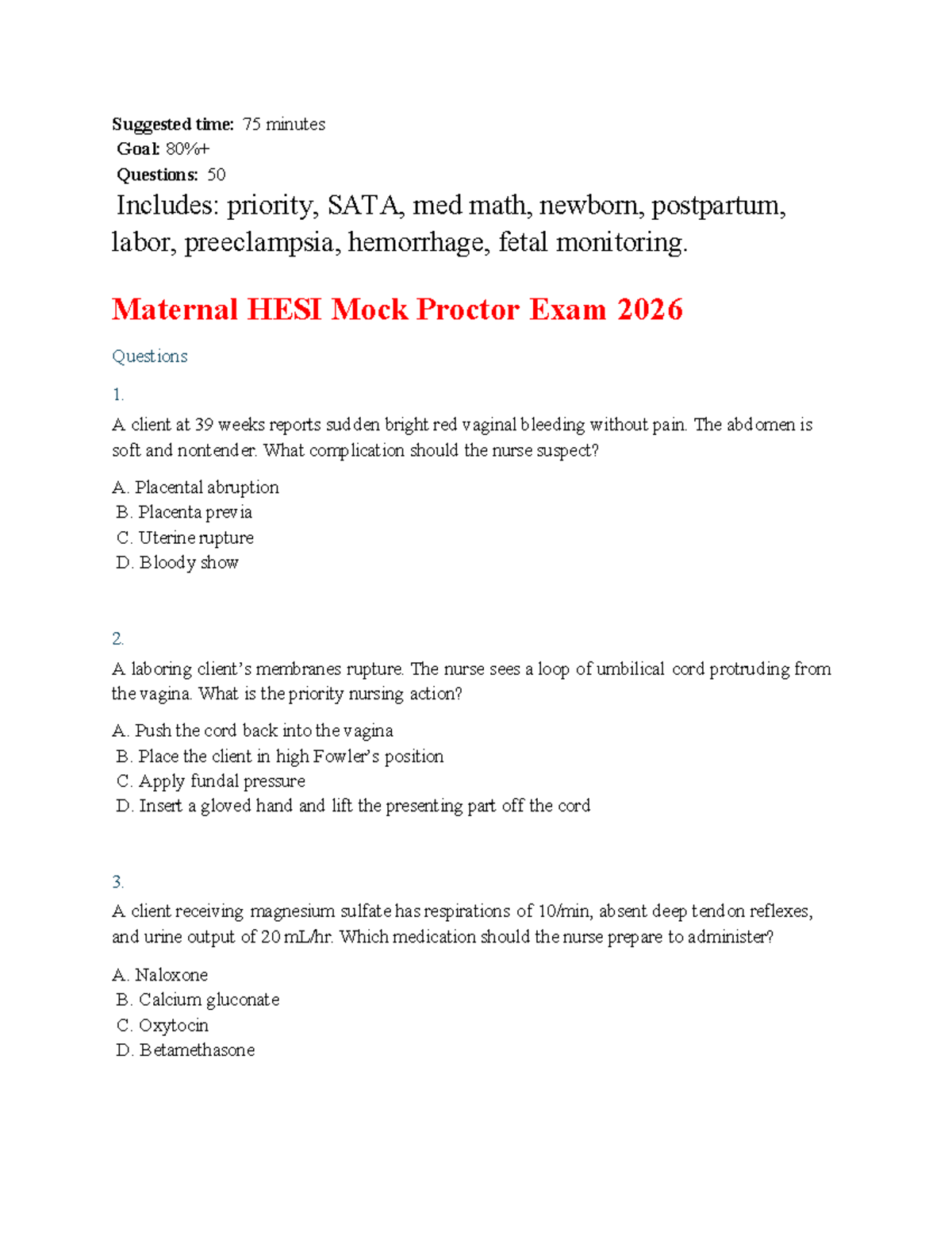 Maternal HESI Mock Proctor Exam 2026: Comprehensive Review Questions ...