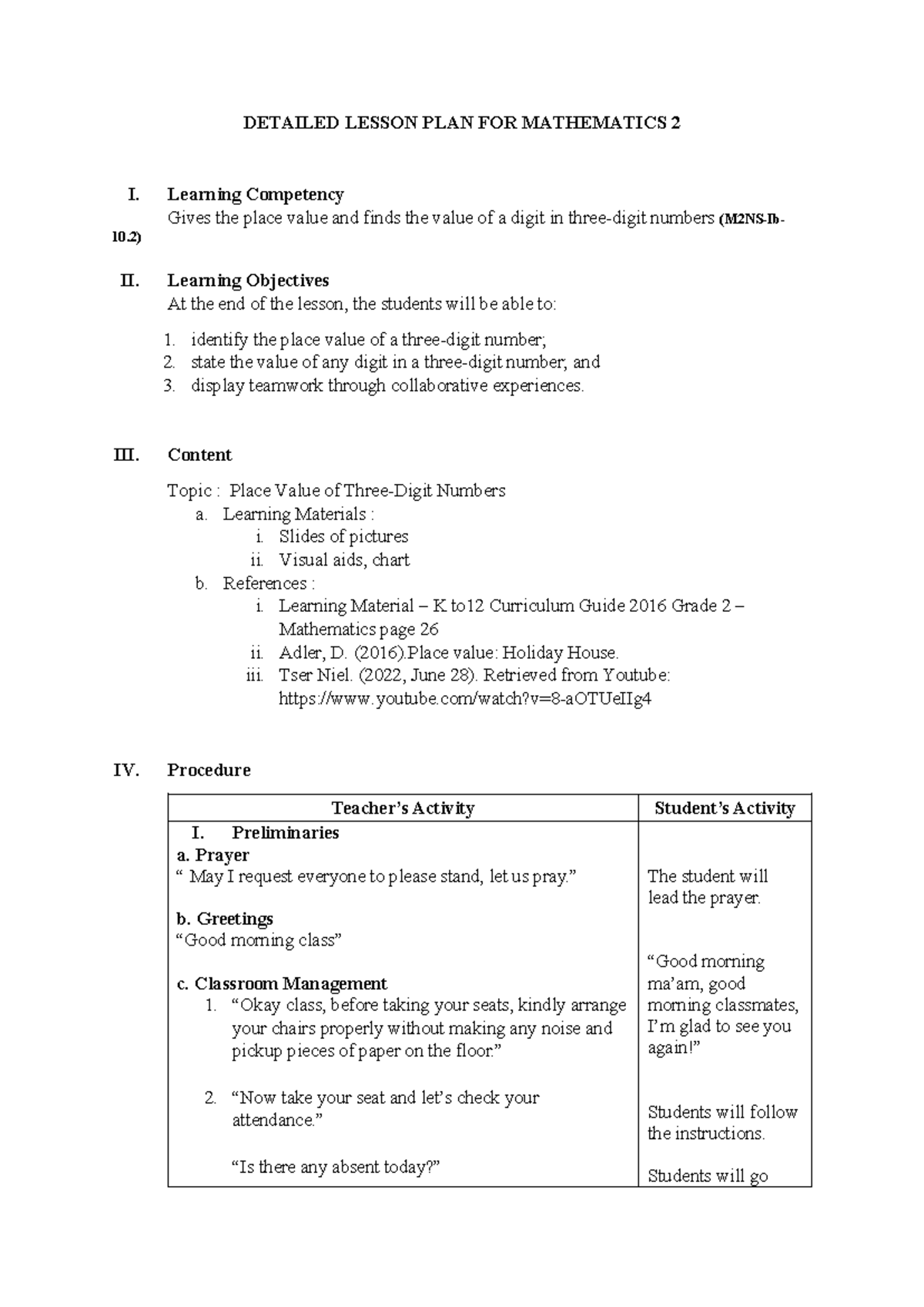 Mathematics 2: Detailed Lesson Plan on Place Value - Studocu