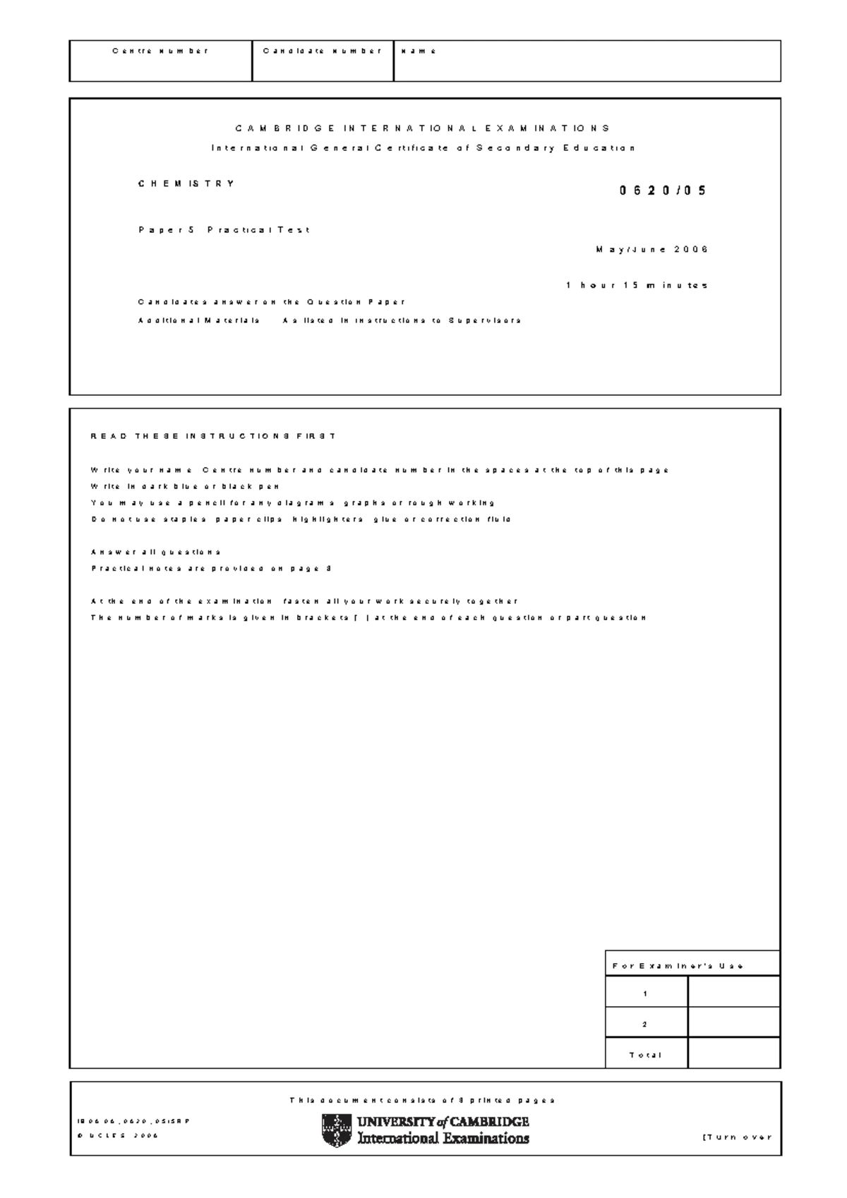 Cambridge IGCSE Chemistry 0620/03 Paper 6 Alternative to Practical 2003 ...
