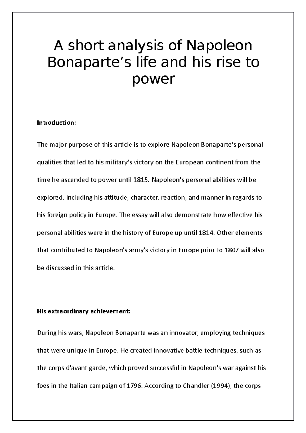 Napoleon Bonaparte Short Note