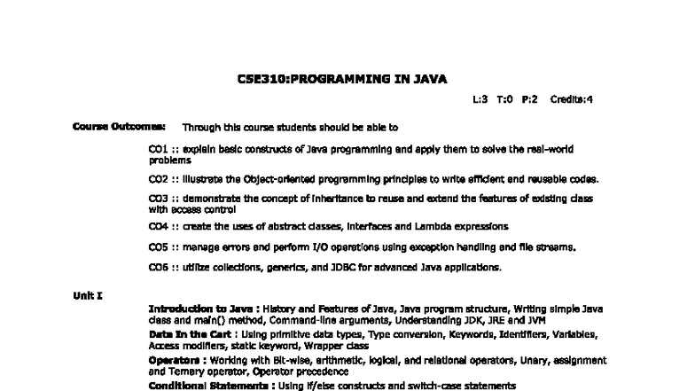 CSE310: Java Programming Syllabus Overview and Course Details - Studocu