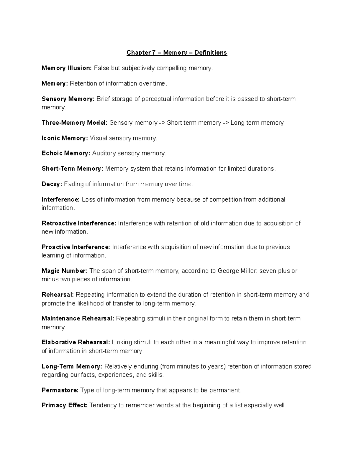 Chapter 7 – Memory: Key Definitions and Concepts - Studocu