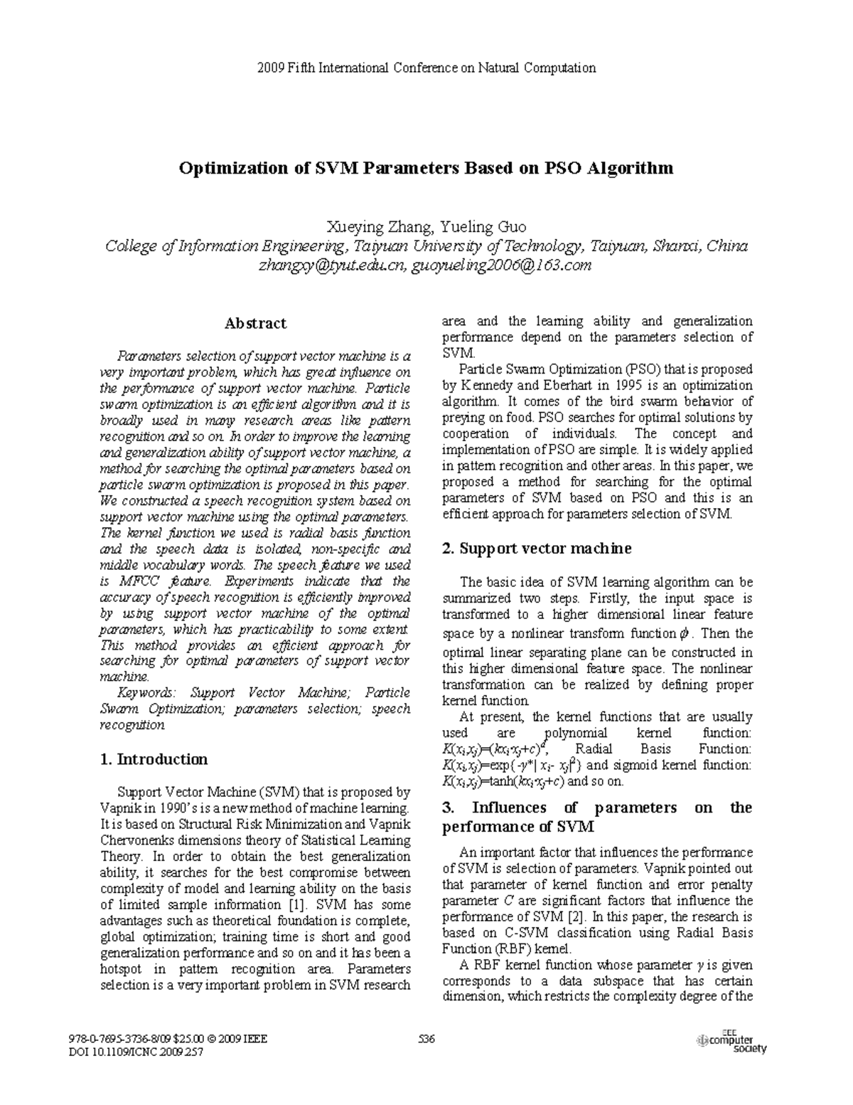 Optimizing SVM Parameters with PSO Algorithm - Zhang 2009 Study - Studocu