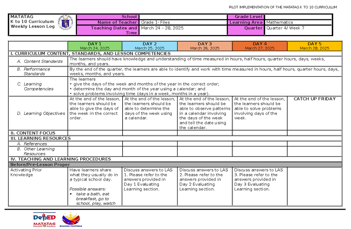 G1-Q4-LE-WEEK 7-MATH - Detailed Lesson Plan on Time - Studocu