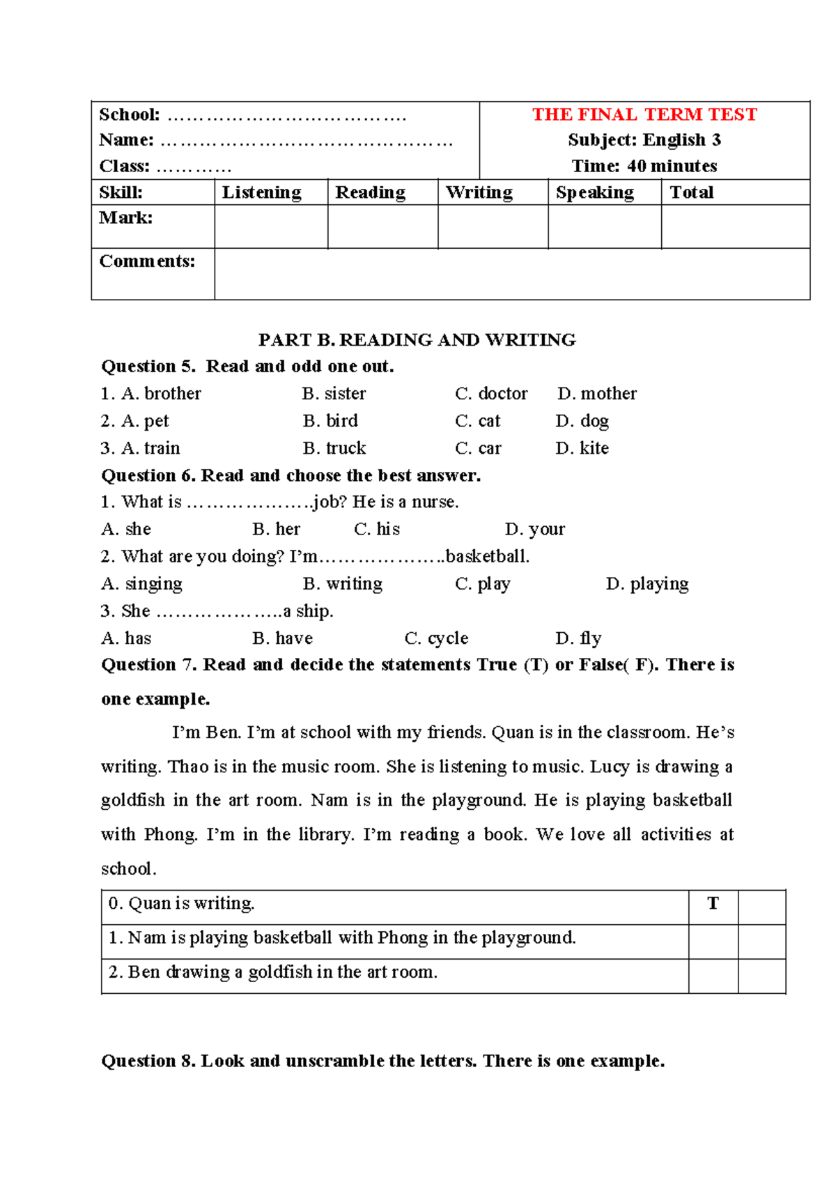 L4 ENGLISH 3 FINAL TERM TEST - LISTENING & READING - Studocu