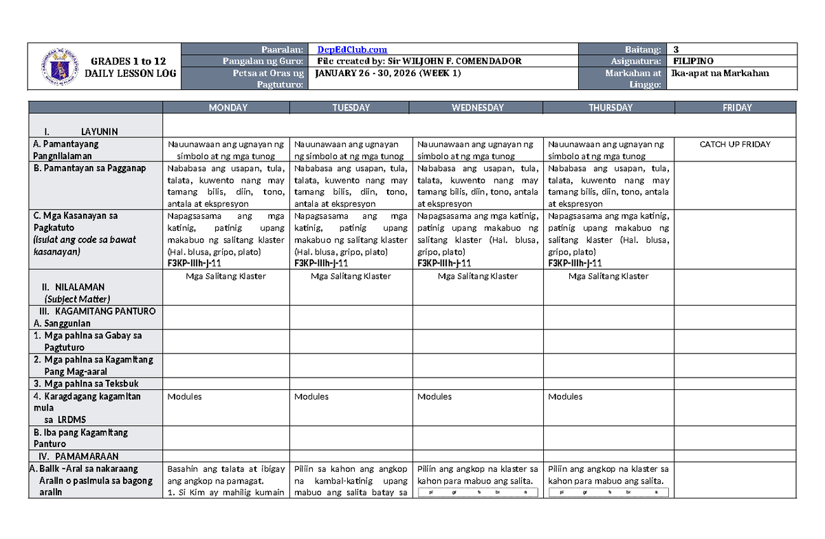 DTC DLL Filipino 3 Q4 W1 - Daily Lesson Log for Week 1 - Studocu