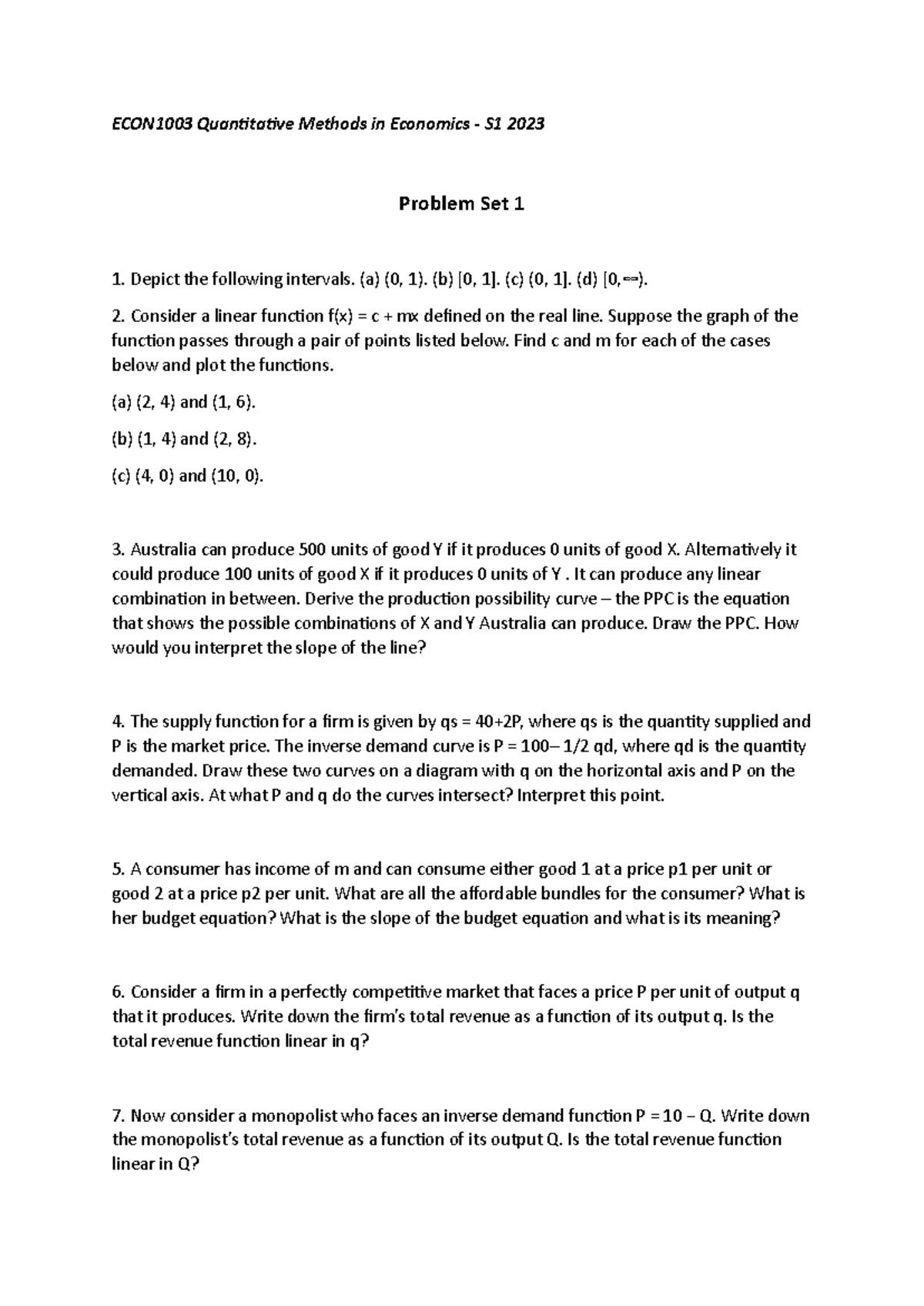 Tutorial 1 - ECON1003 Quantitative Methods in Economics - S1 2023 ...