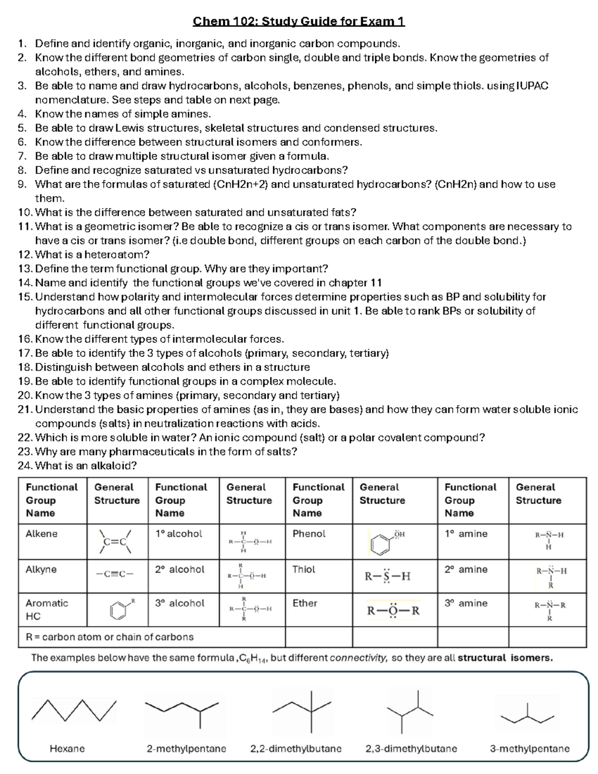 Chem 102: Study Guide for Final Exam 1 on Organic Compounds and ...