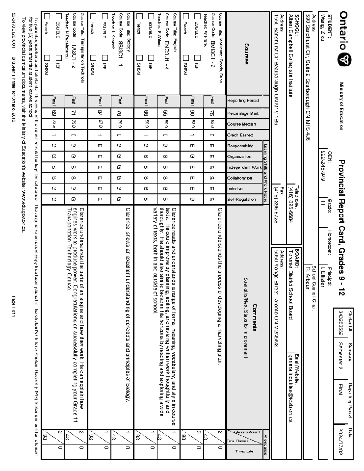 Grade 11 Semester 2 Final Report Card for Wang, Zixu (OEN: 343263562 ...
