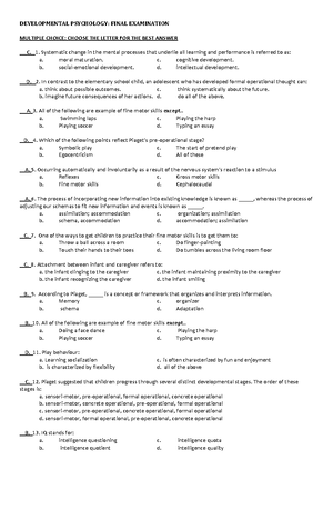 Developmental Psychology Practice Exam for Chapters One, Two, and Three ...