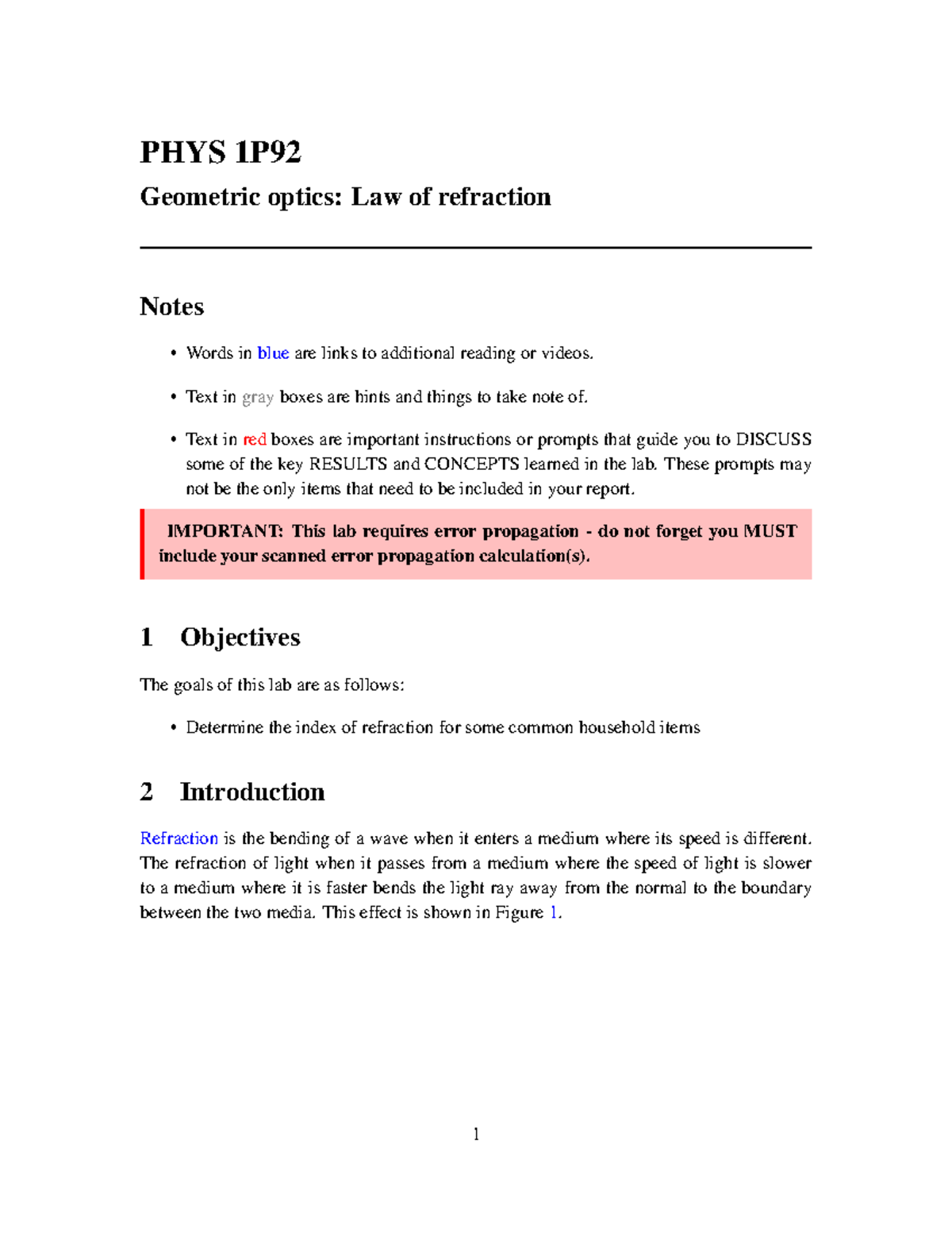 PHYS 1P - Geometric Optics Lab Manual and Refraction Exercise - Studocu