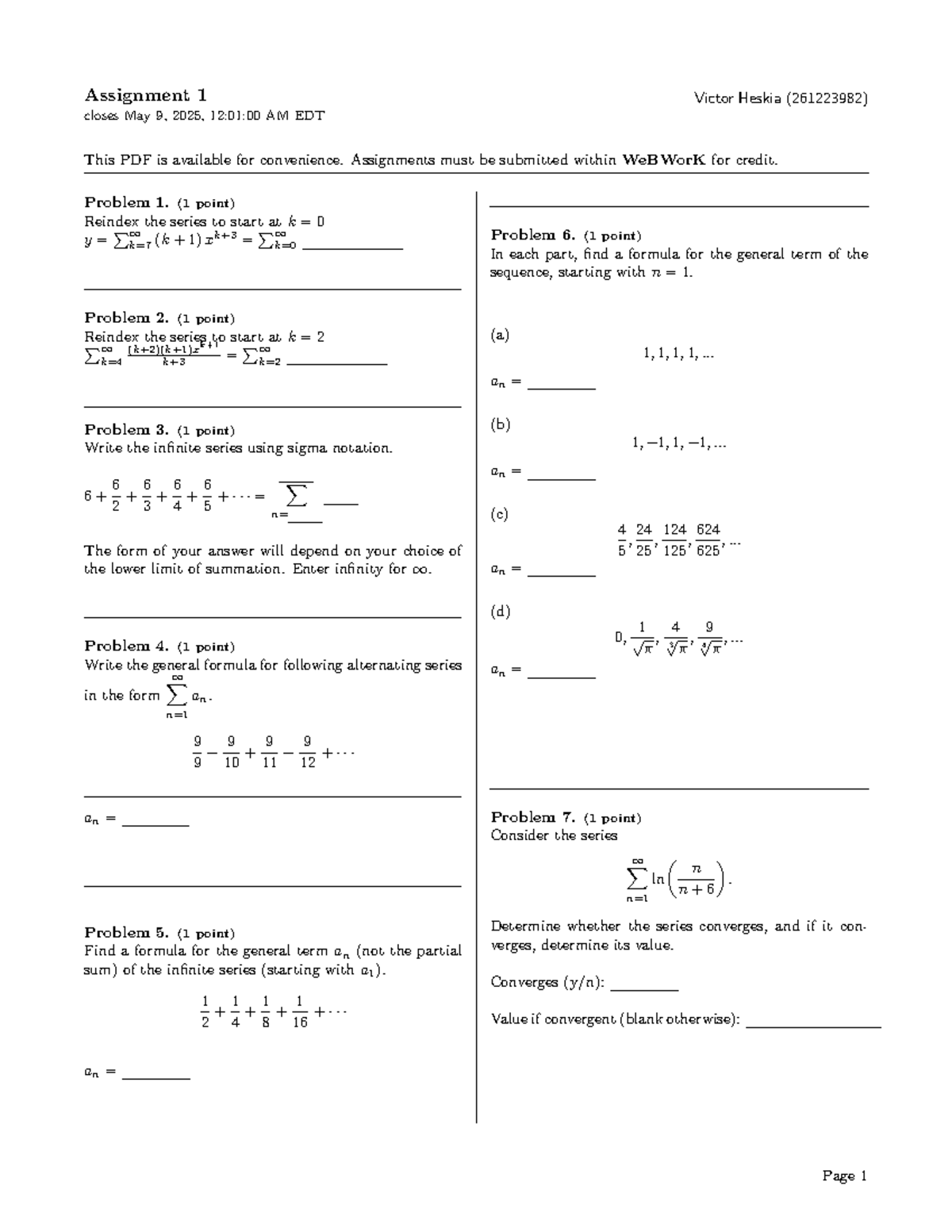MATH262 Assignment 1: Series and Convergence Problems (Due May 9, 2025 ...