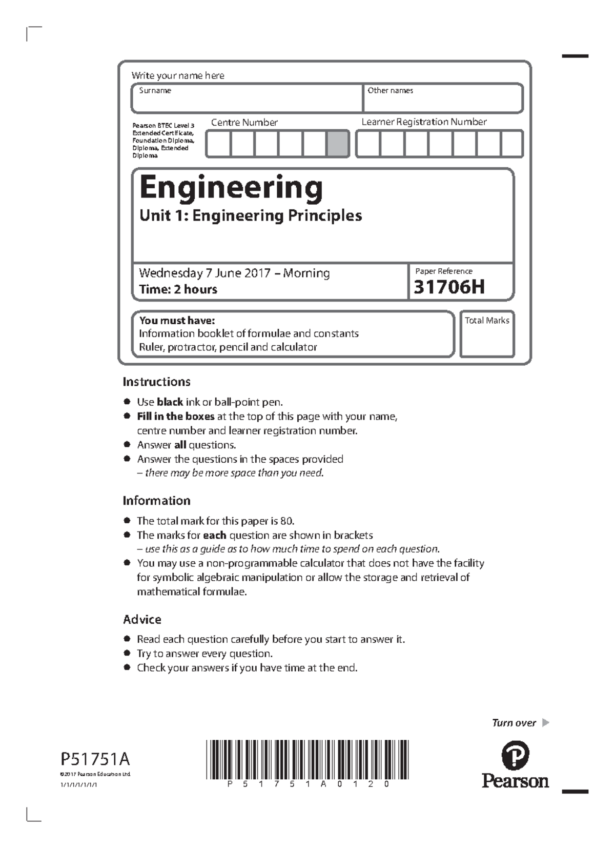 31706 H 0617 QU - Engineering Principles Exam Practice Paper - Studocu