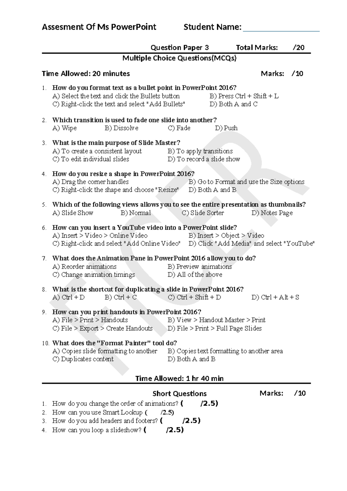 Power Point Question Paper 3 - Assesment Of Ms PowerPoint Student Name ...