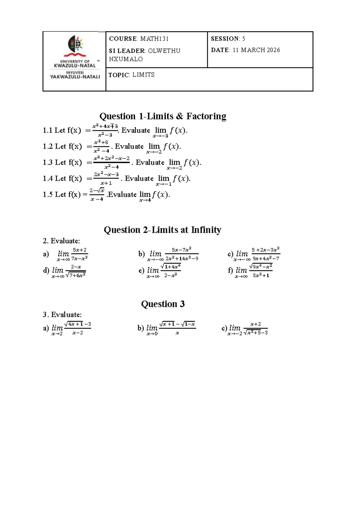 MATH131 Worksheet 5: Limits Practice Questions - Studocu