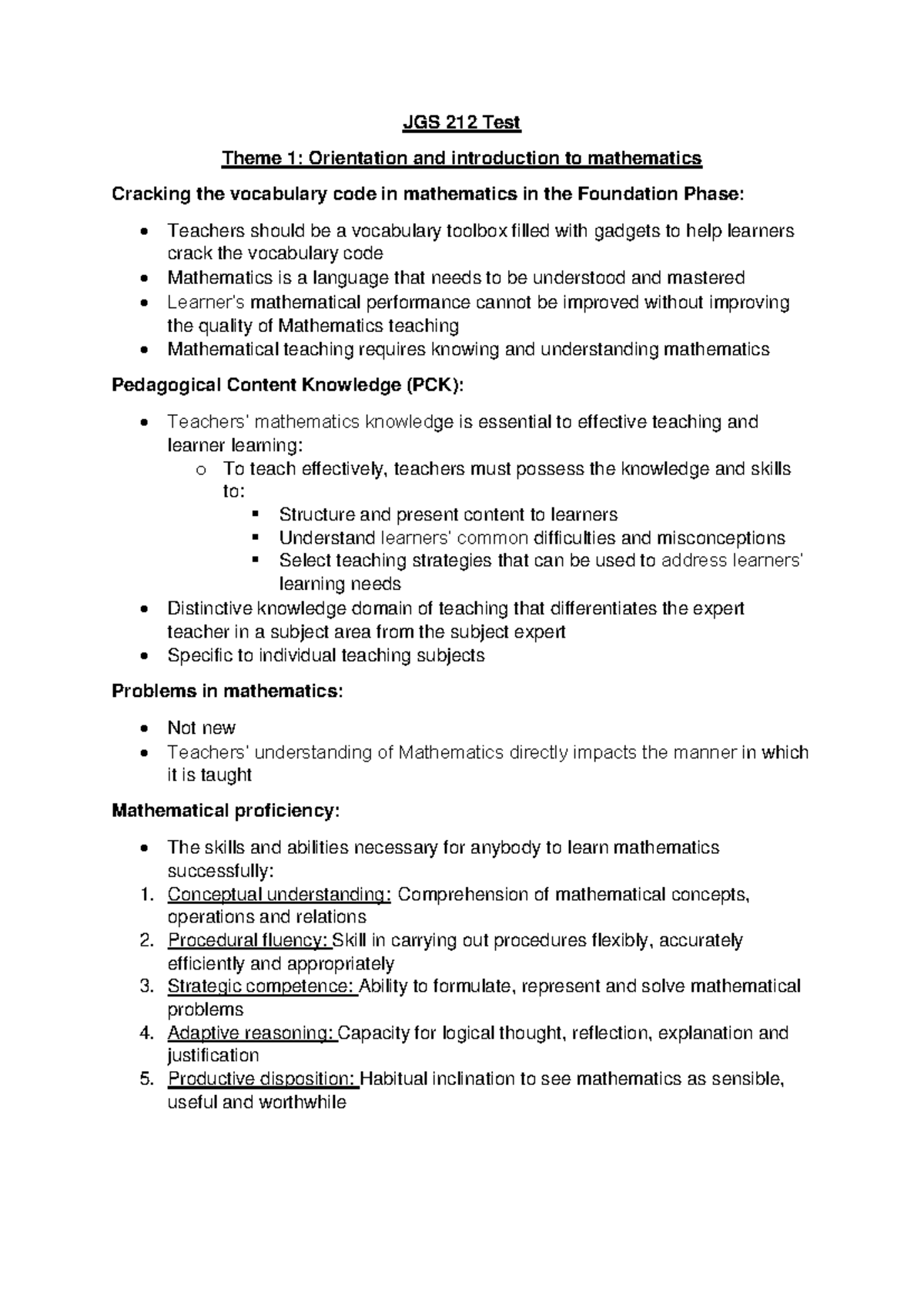 JGS 212 Test Notes: Understanding Mathematics Teaching Proficiency ...
