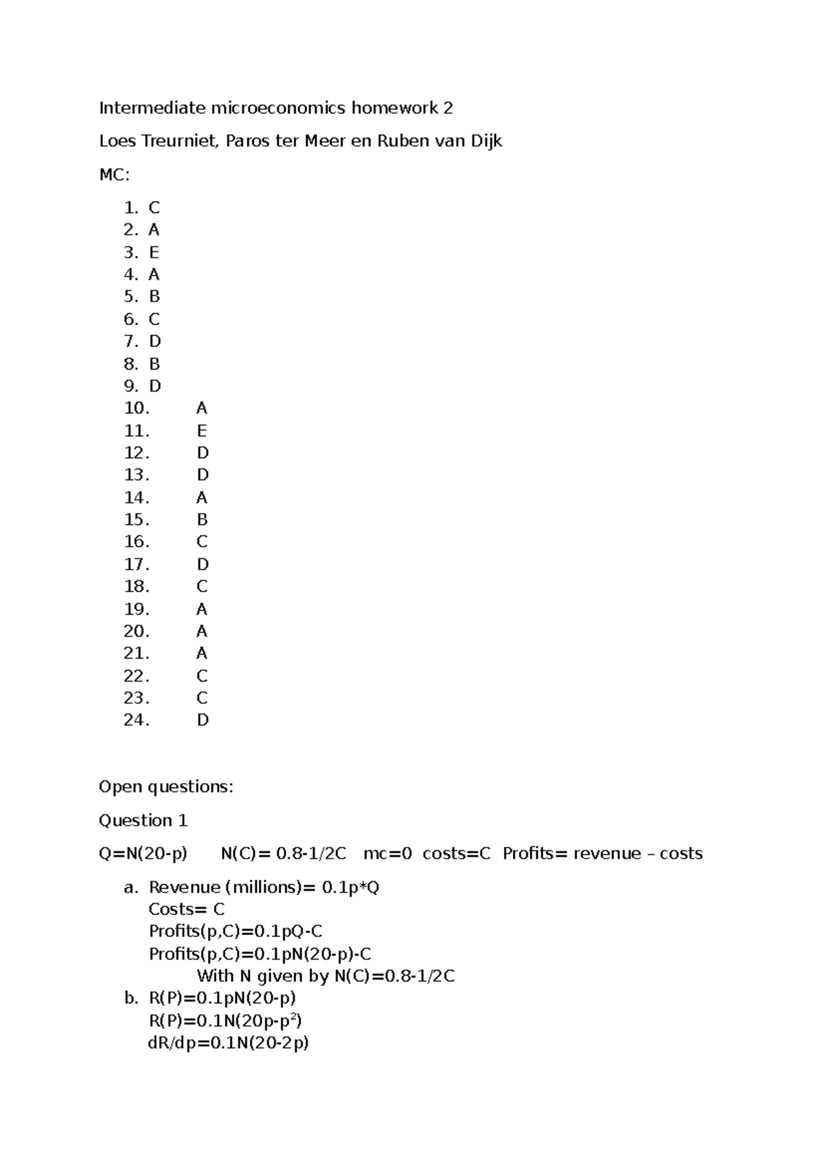 Intermediate Microeconomics Homework 2 Solutions - Studeersnel