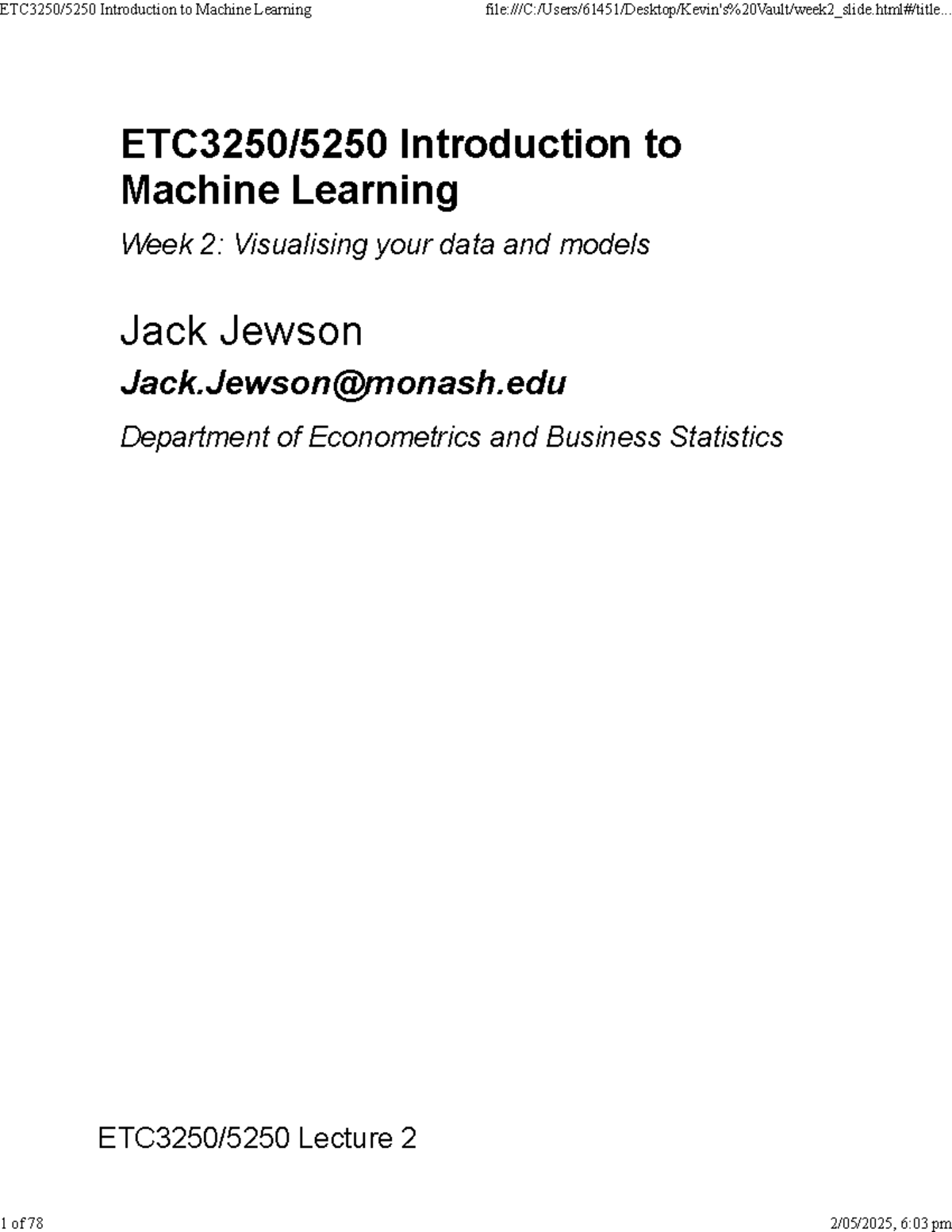 ETC3250 5250 Introduction to Machine Learning Lecture 2: Data ...