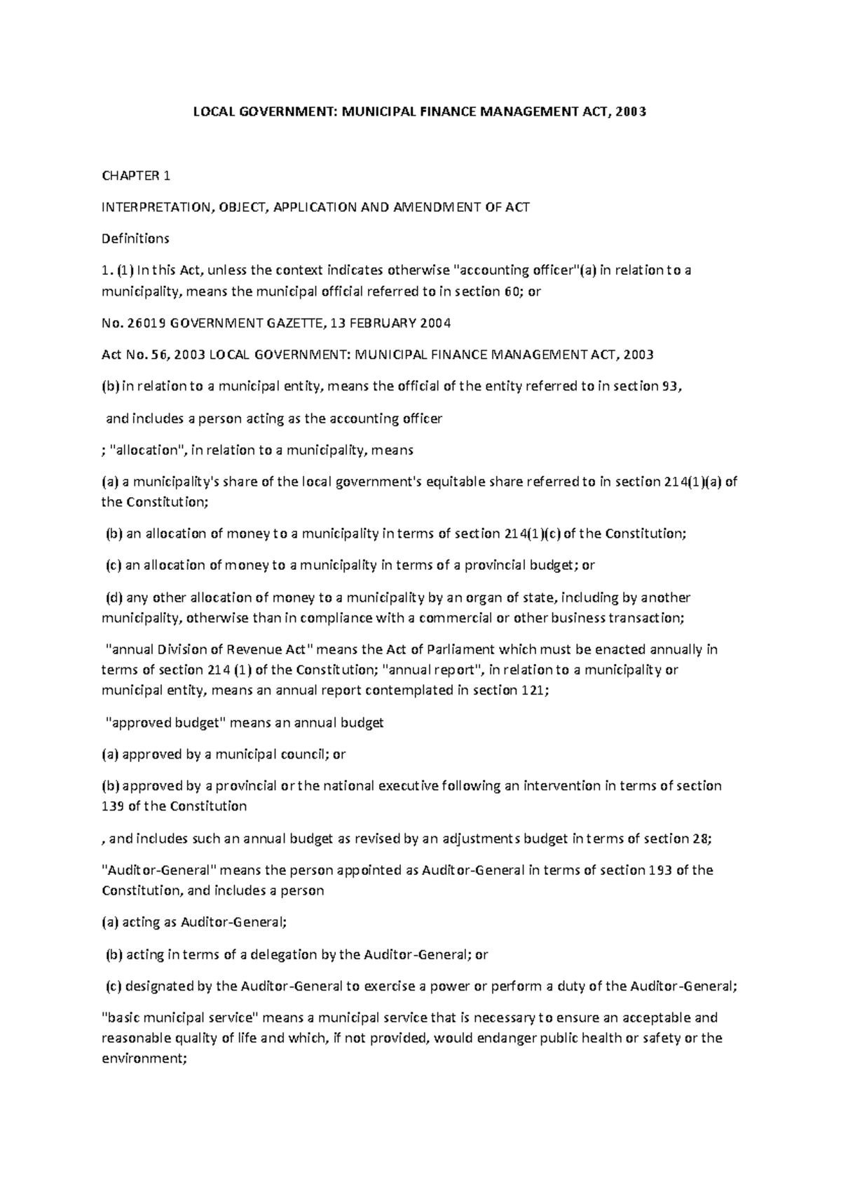 Municipal Finance Management Act 2000 3-2 - LOCAL GOVERNMENT: MUNICIPAL ...