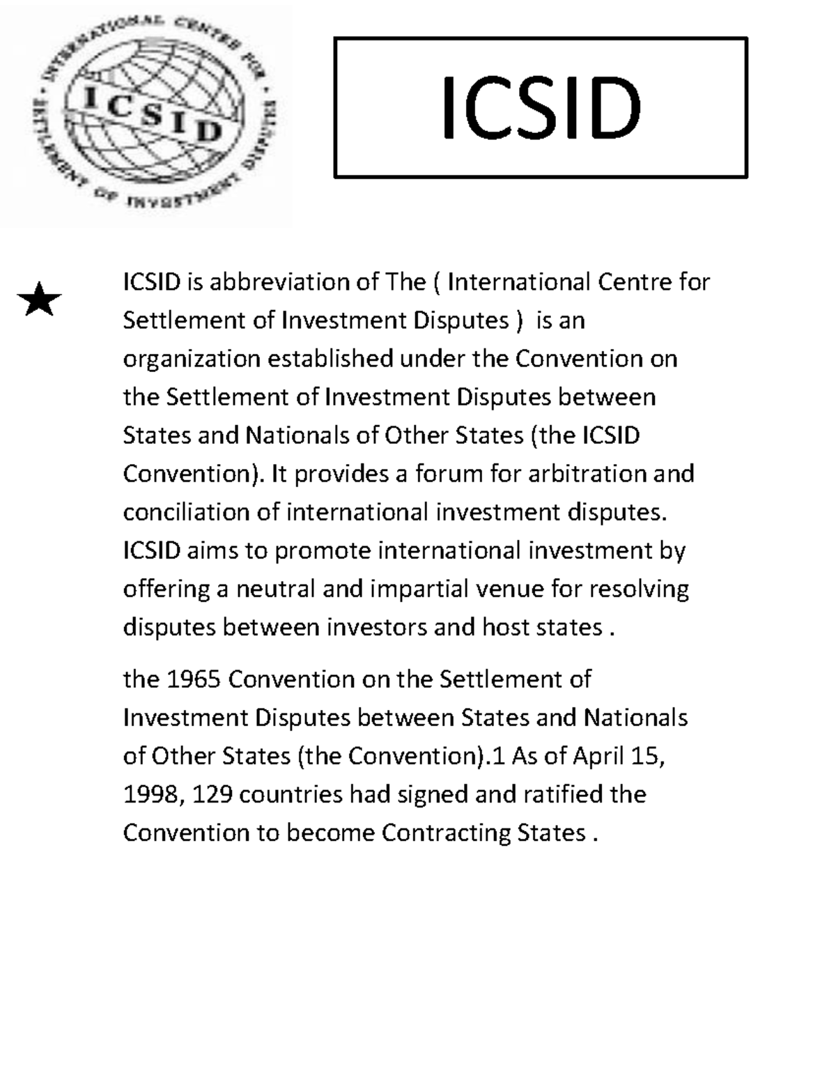ICSID: Overview and Case Study of Investment Dispute Resolution - Studocu