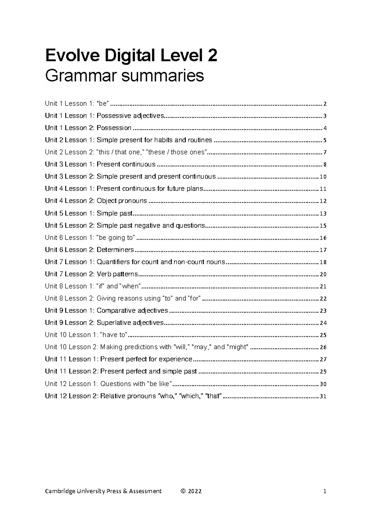 Evolve Digital Level 2 Grammar Summaries: Units 1-12 Overview - Studocu