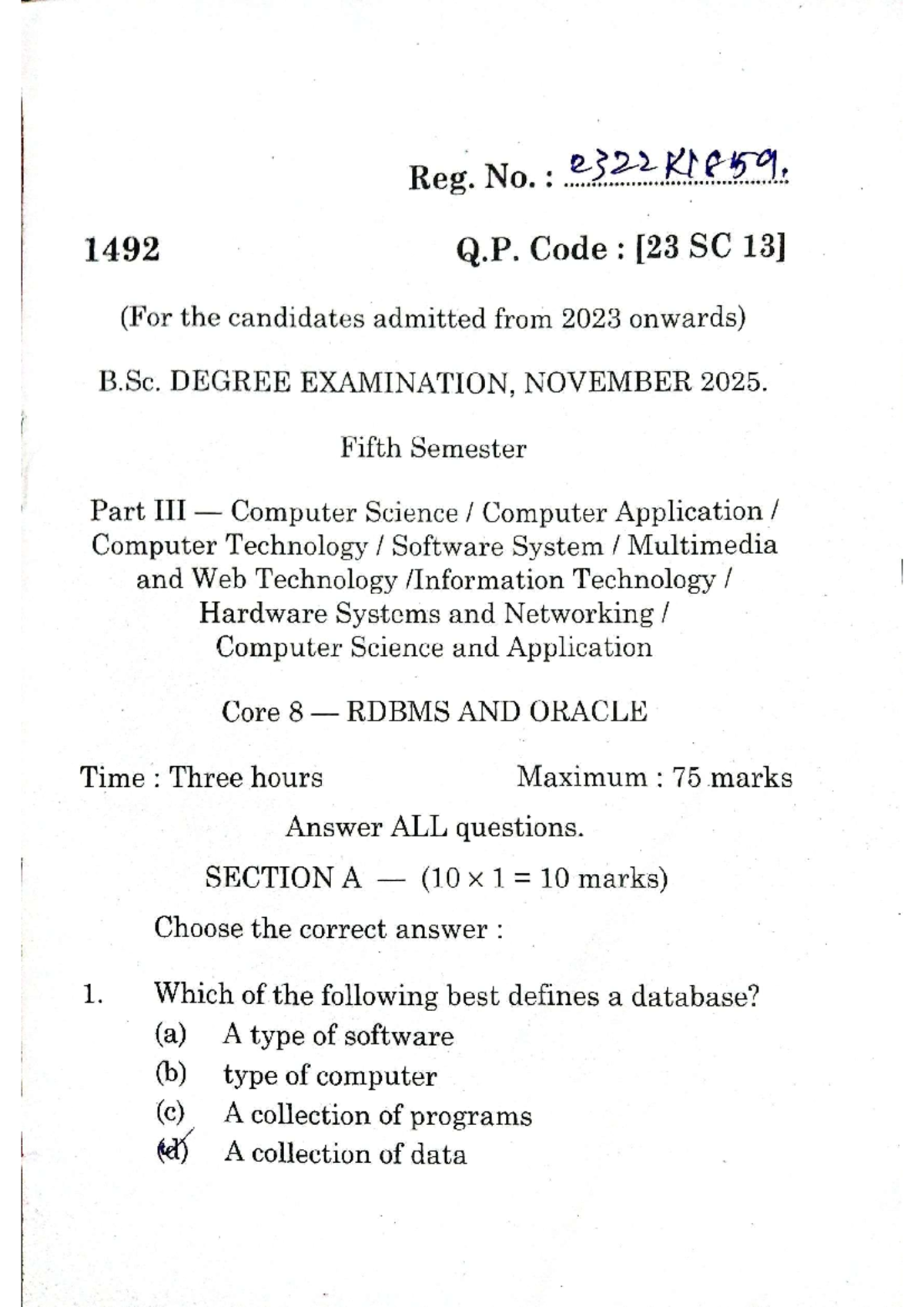 RDBMS & Oracle Question Paper - B.Sc. 5th Sem (Nov 2025) - Studocu