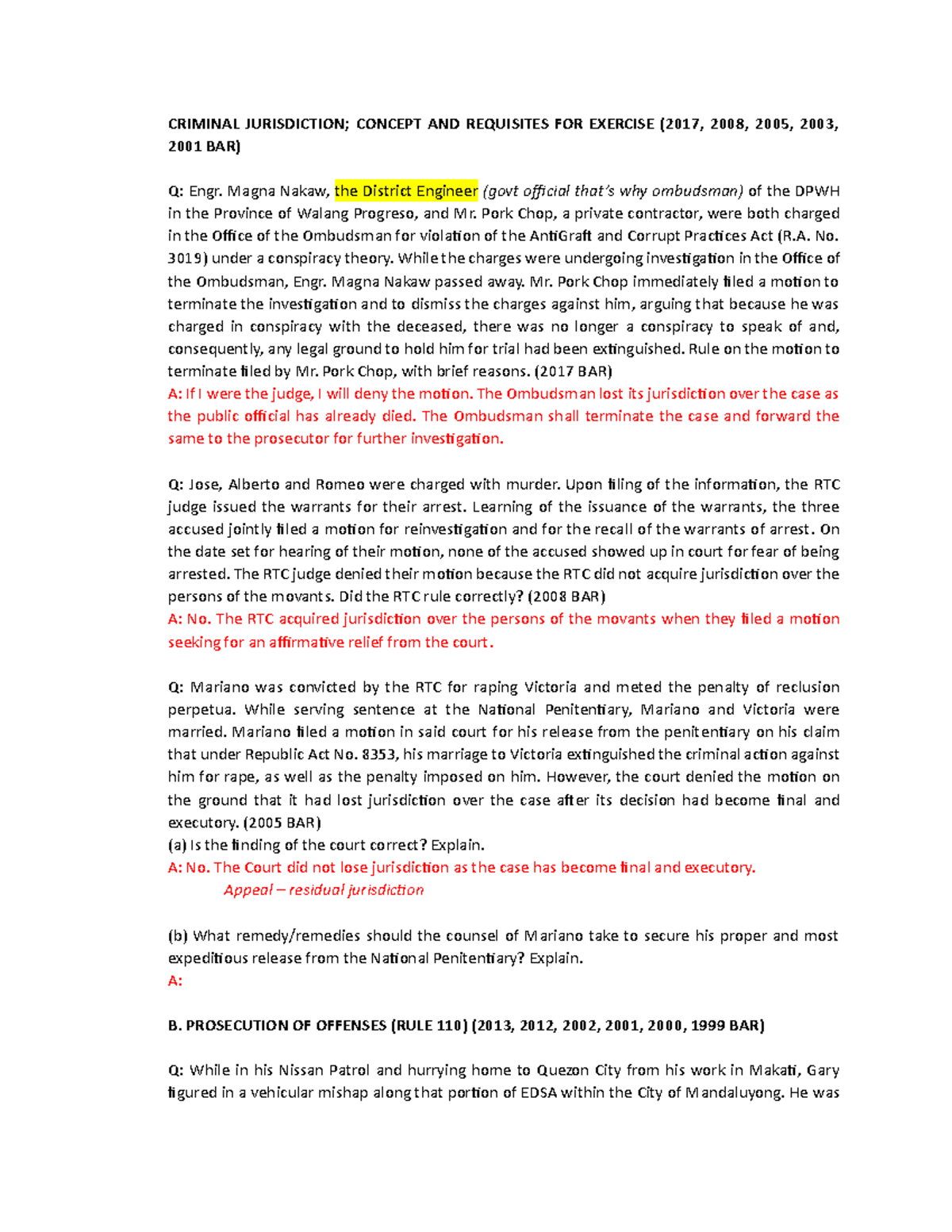 BAR recurring questions REM Criminal procedure - CRIMINAL JURISDICTION ...