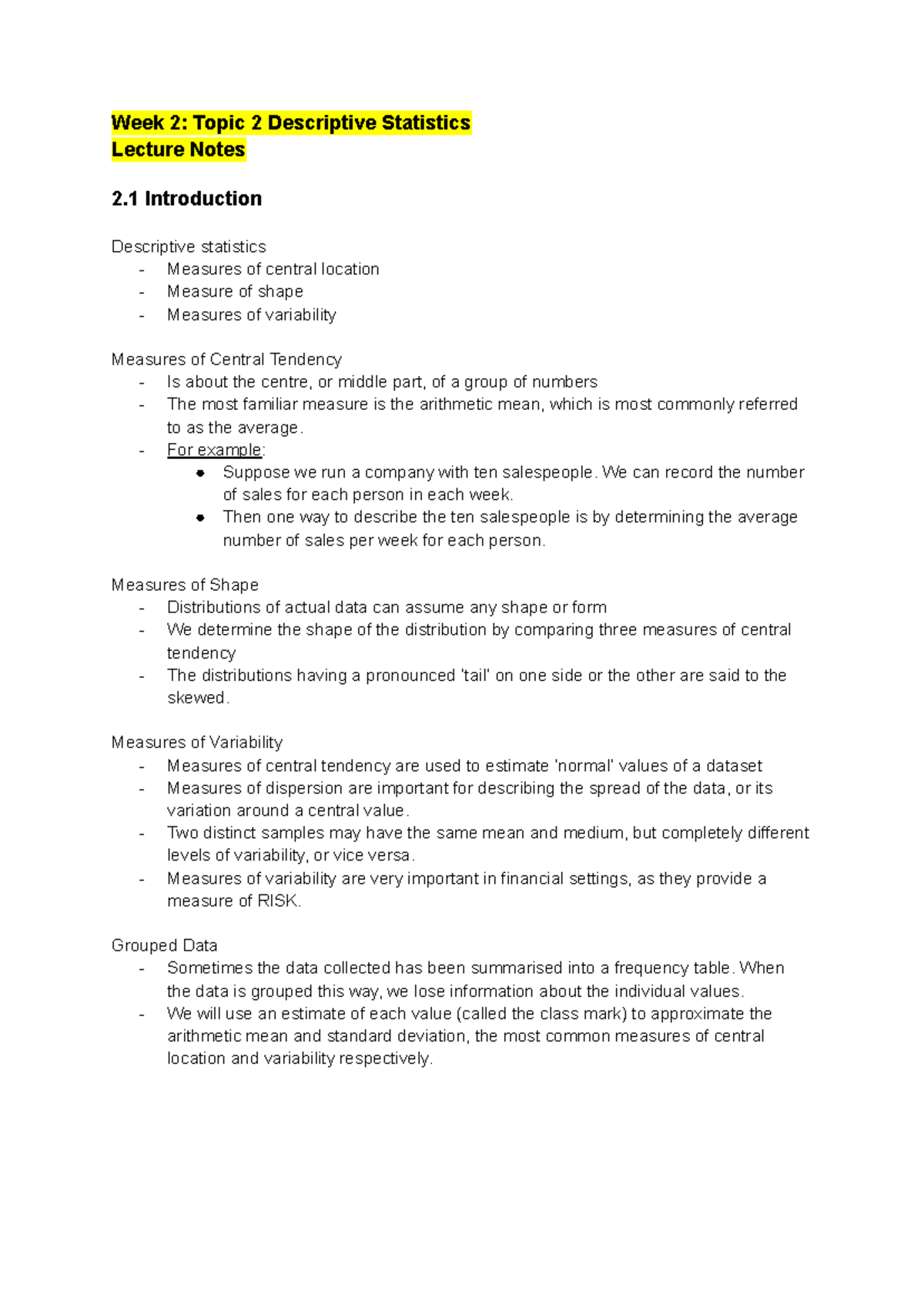 Week 2: SFB Descriptive Statistics Lecture Notes - Studocu