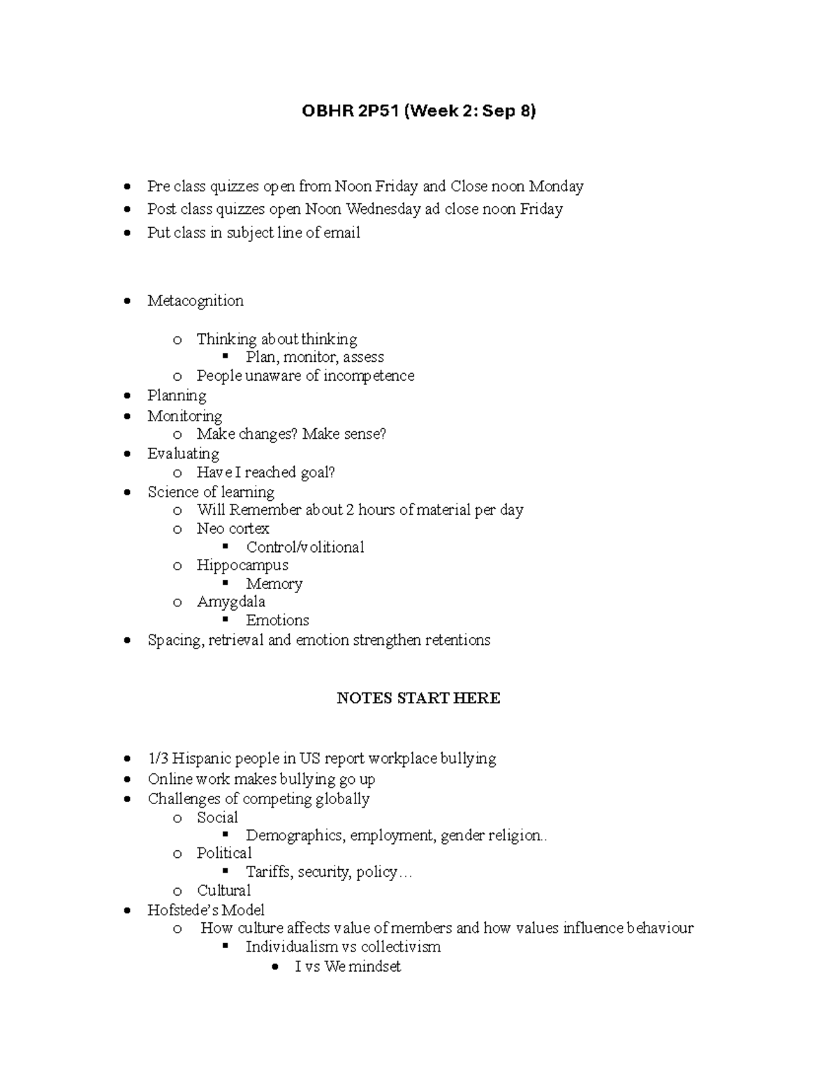 OBHR 2P51: Week 2 Lecture Notes on Metacognition & Culture - Studocu