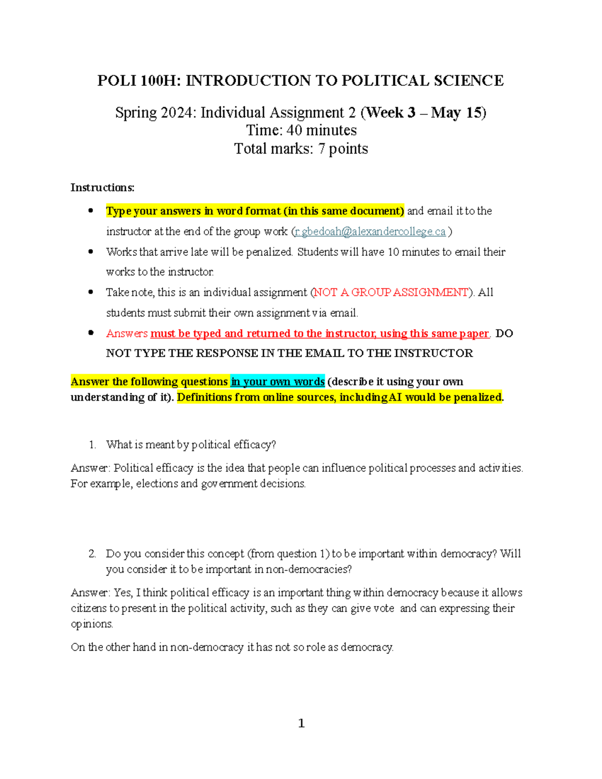 POLI 100H Spring 2024 Individual Assignment 2 - Week 3 Overview - Studocu