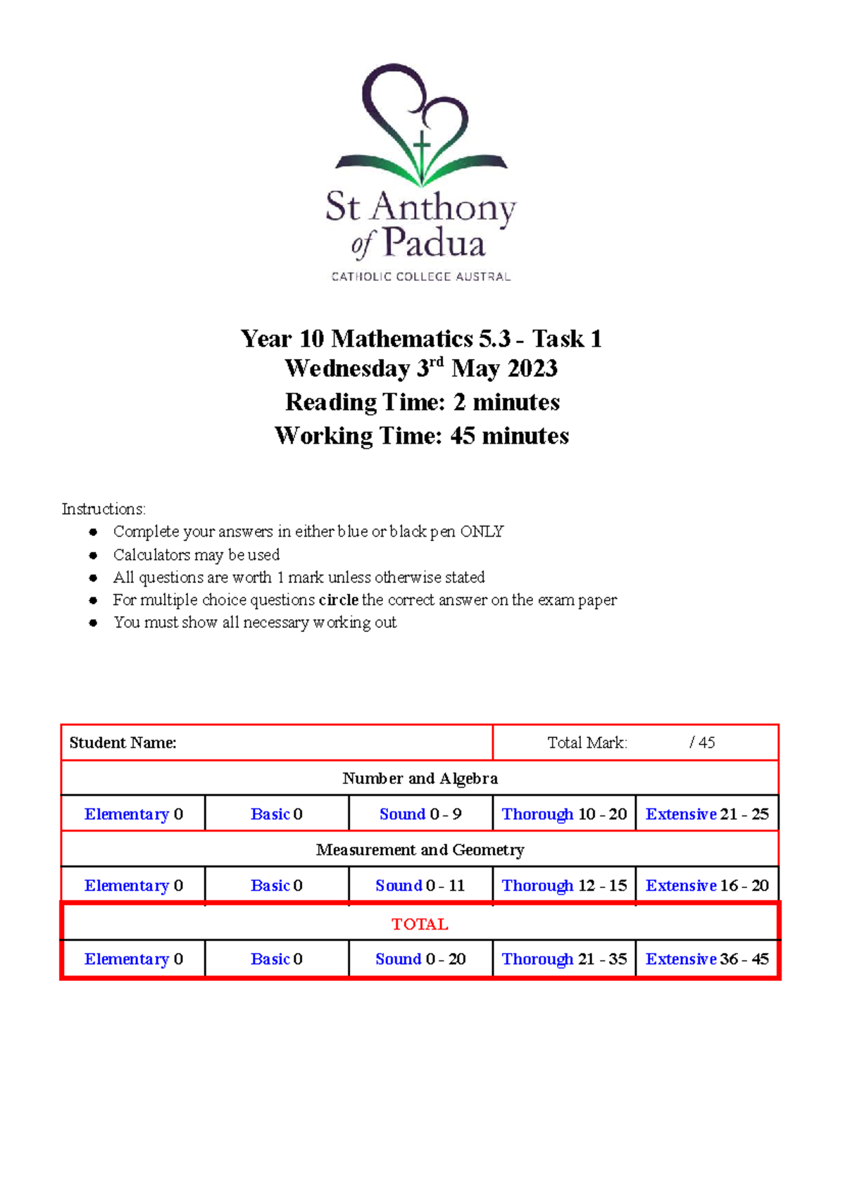 Year 10 Maths 5.3 Assessment Task 1 - May 3, 2023 - Studocu