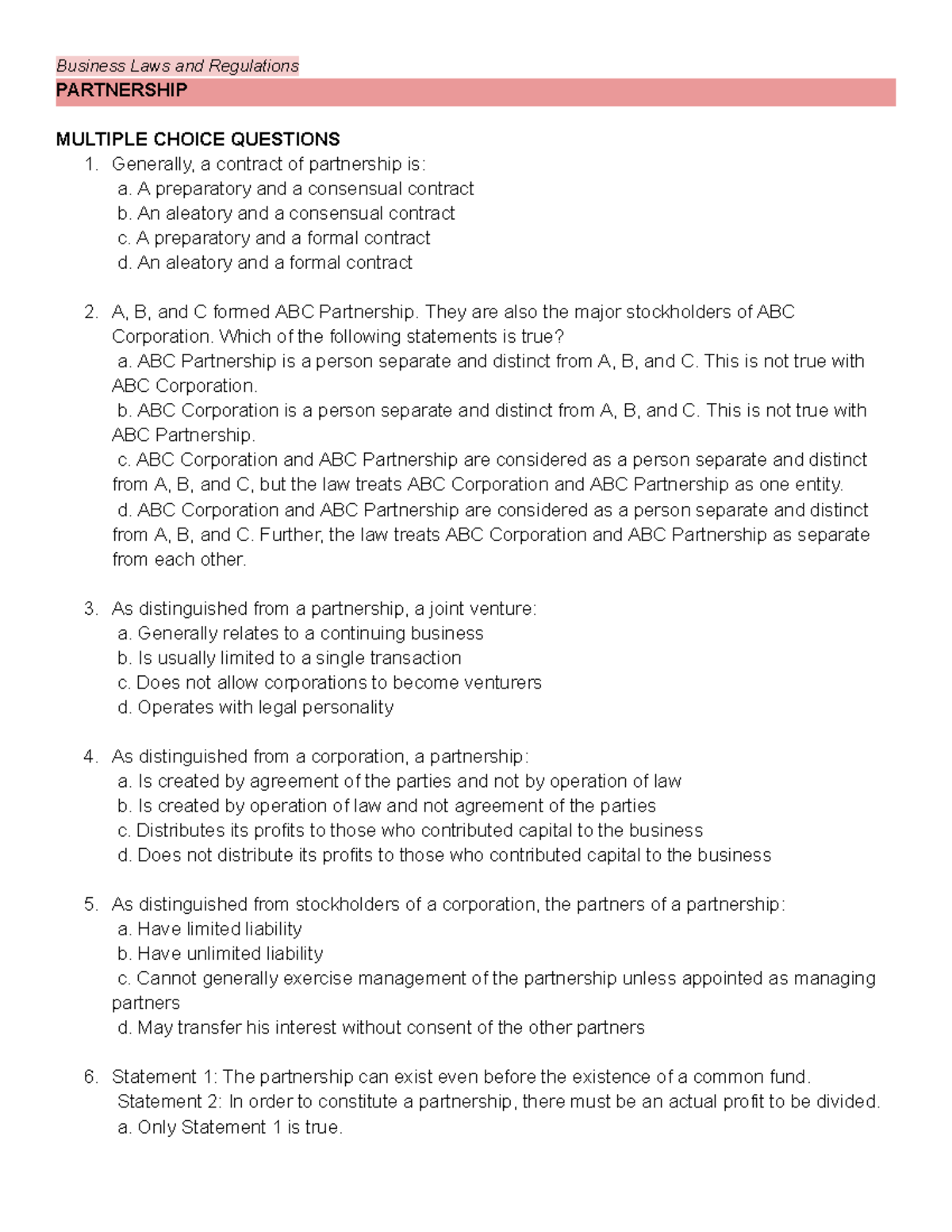 Business Law (BL101) - Partnership MCQs and Key Concepts - Studocu