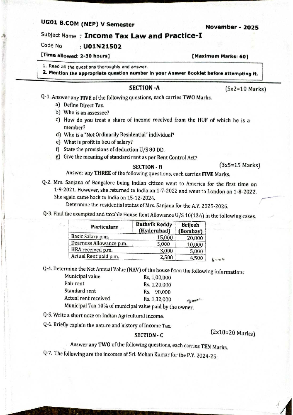 UG01 B.COM (NEP) V Sem Nov 2025 Income Tax Law Question Paper - Studocu