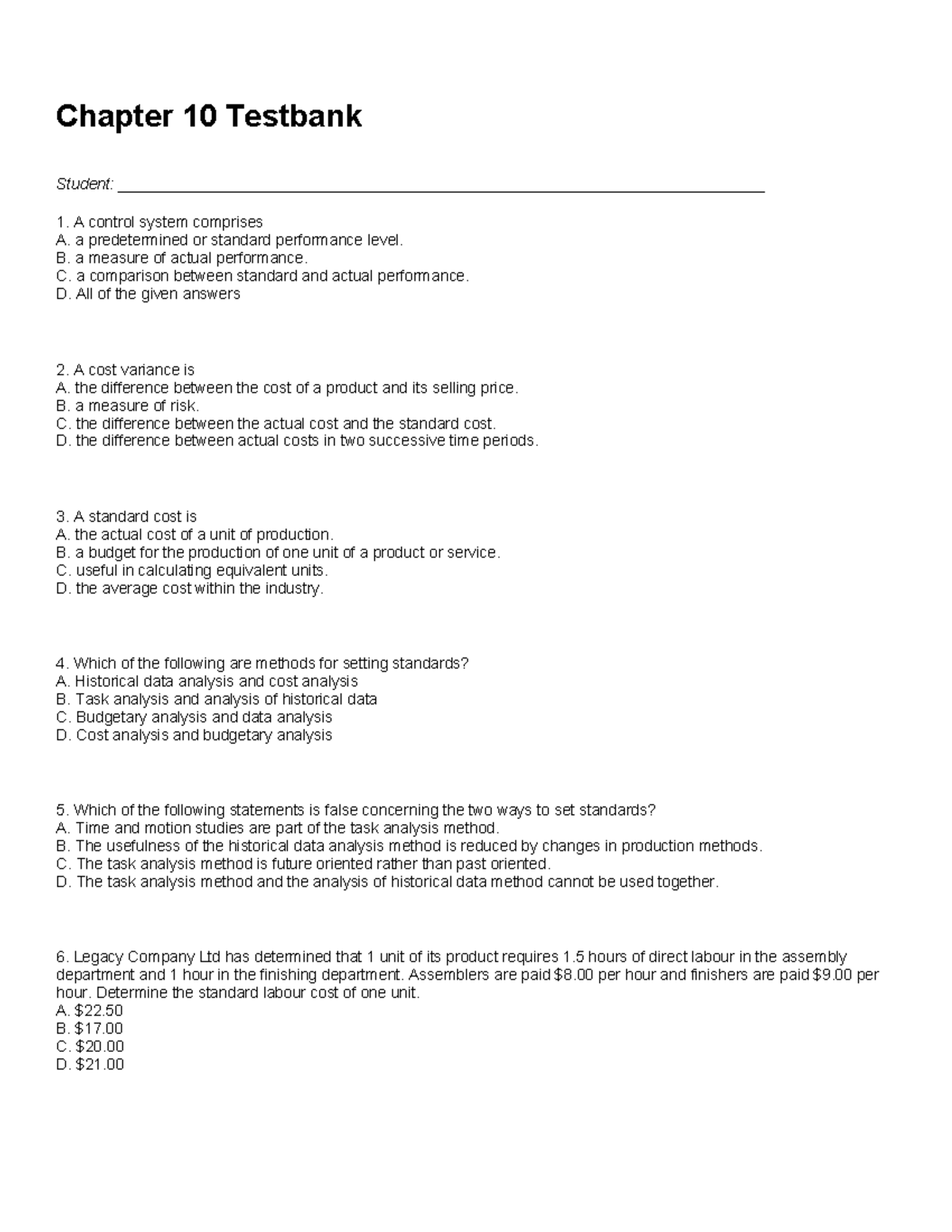 Chapter 10 Testbank Practice Questions for Strategies and Costs - Studocu
