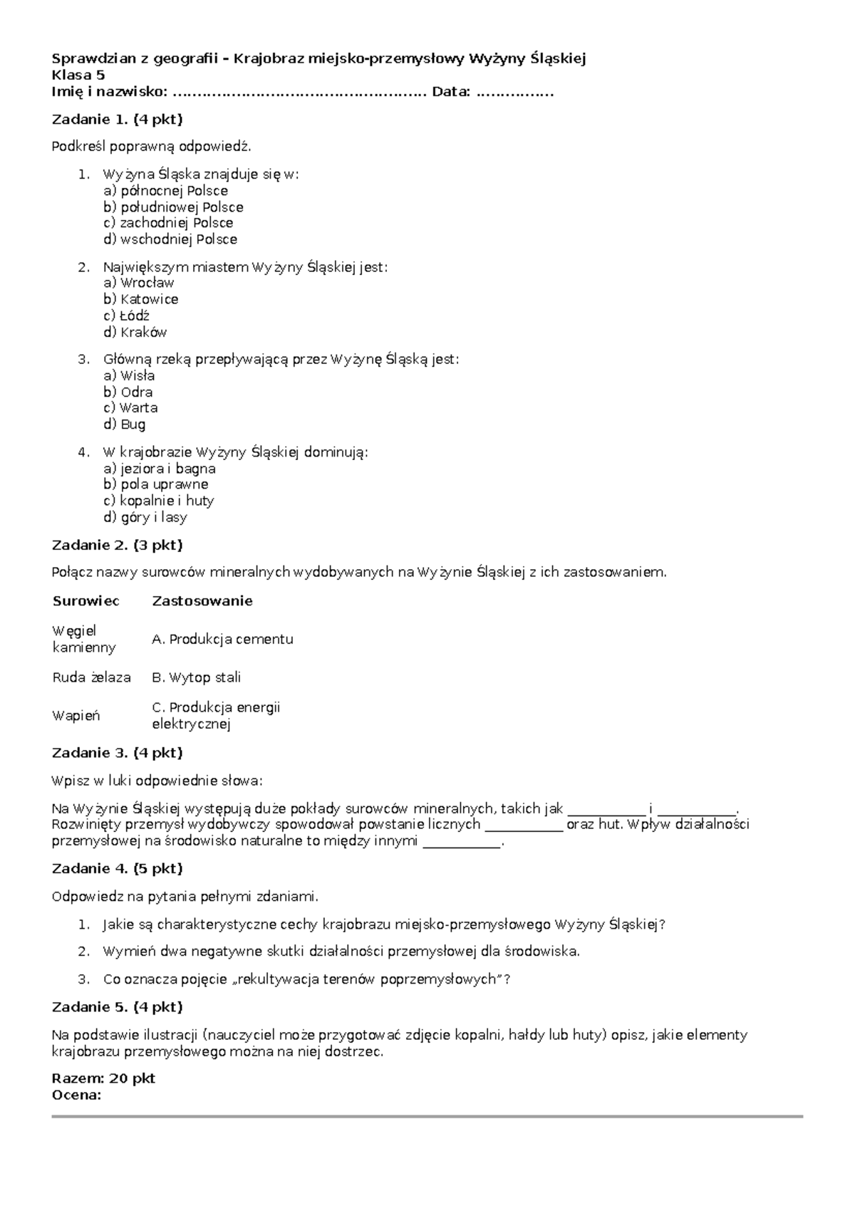 Sprawdzian Z Geografii Klasa 5 Wyżyna śląska